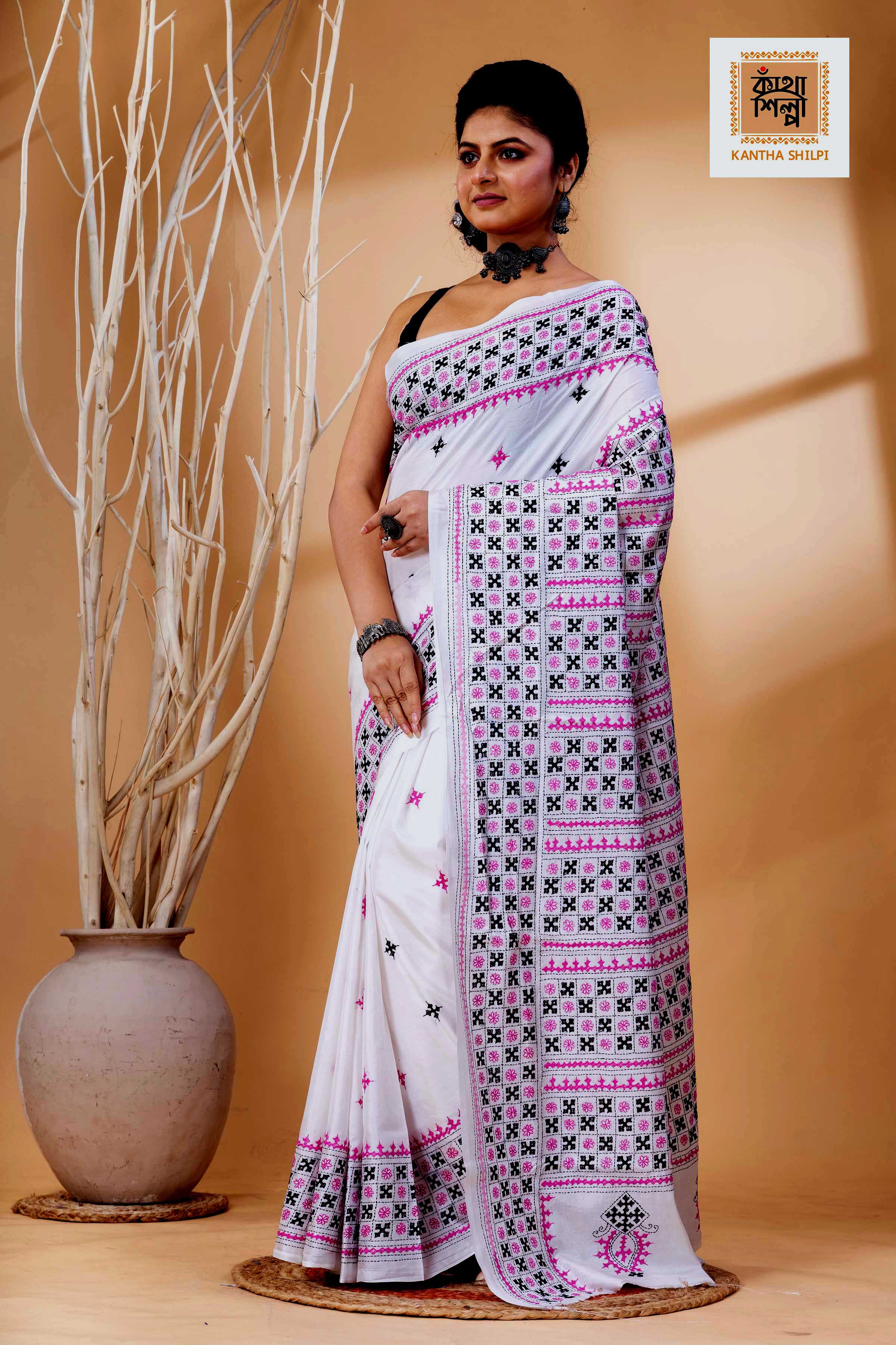 White Bangalore Silk Black Pink Thread Work Gujrati Stitch Saree
