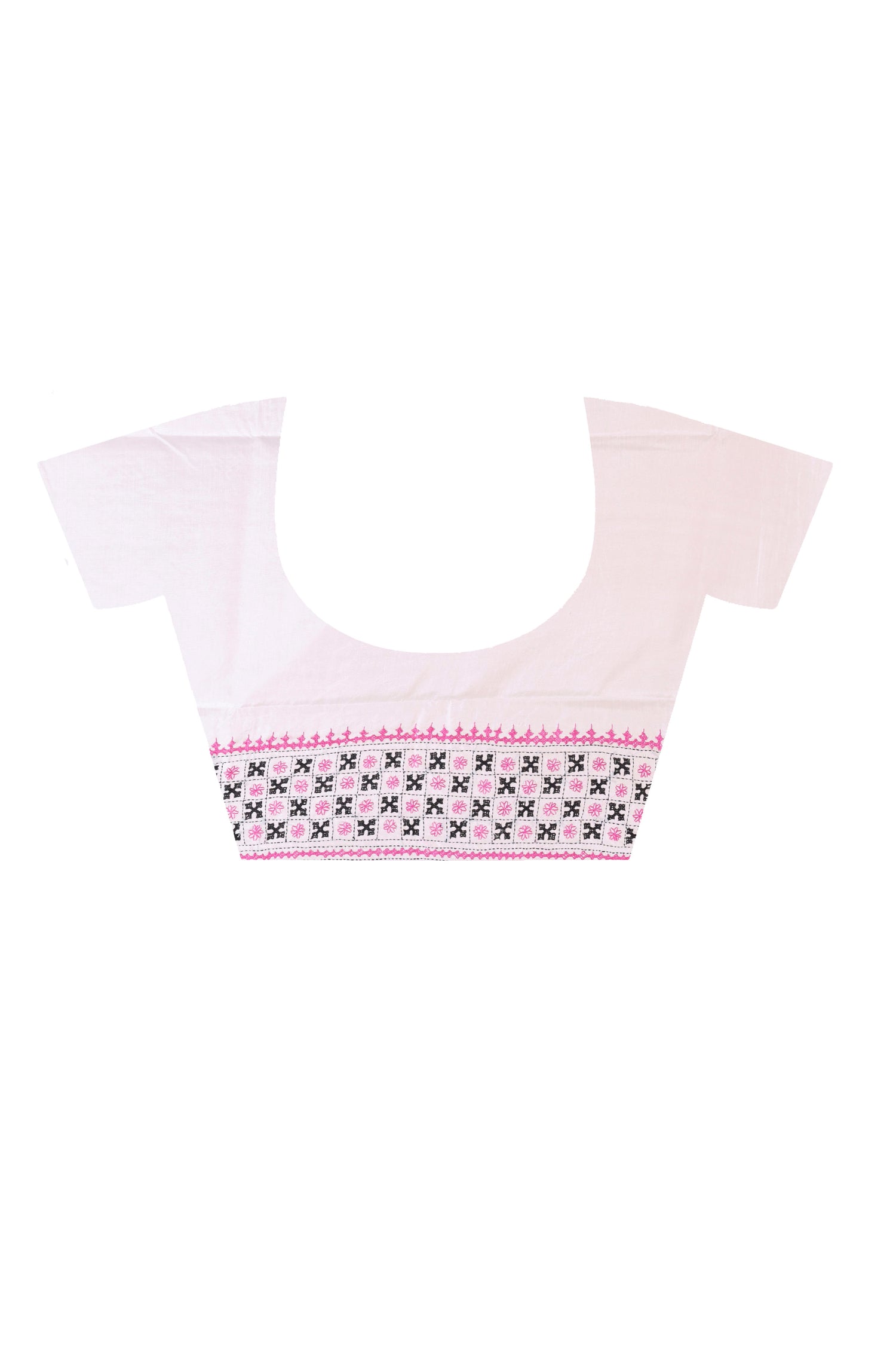 White Bangalore Silk Black Pink Thread Work Gujrati Stitch Saree