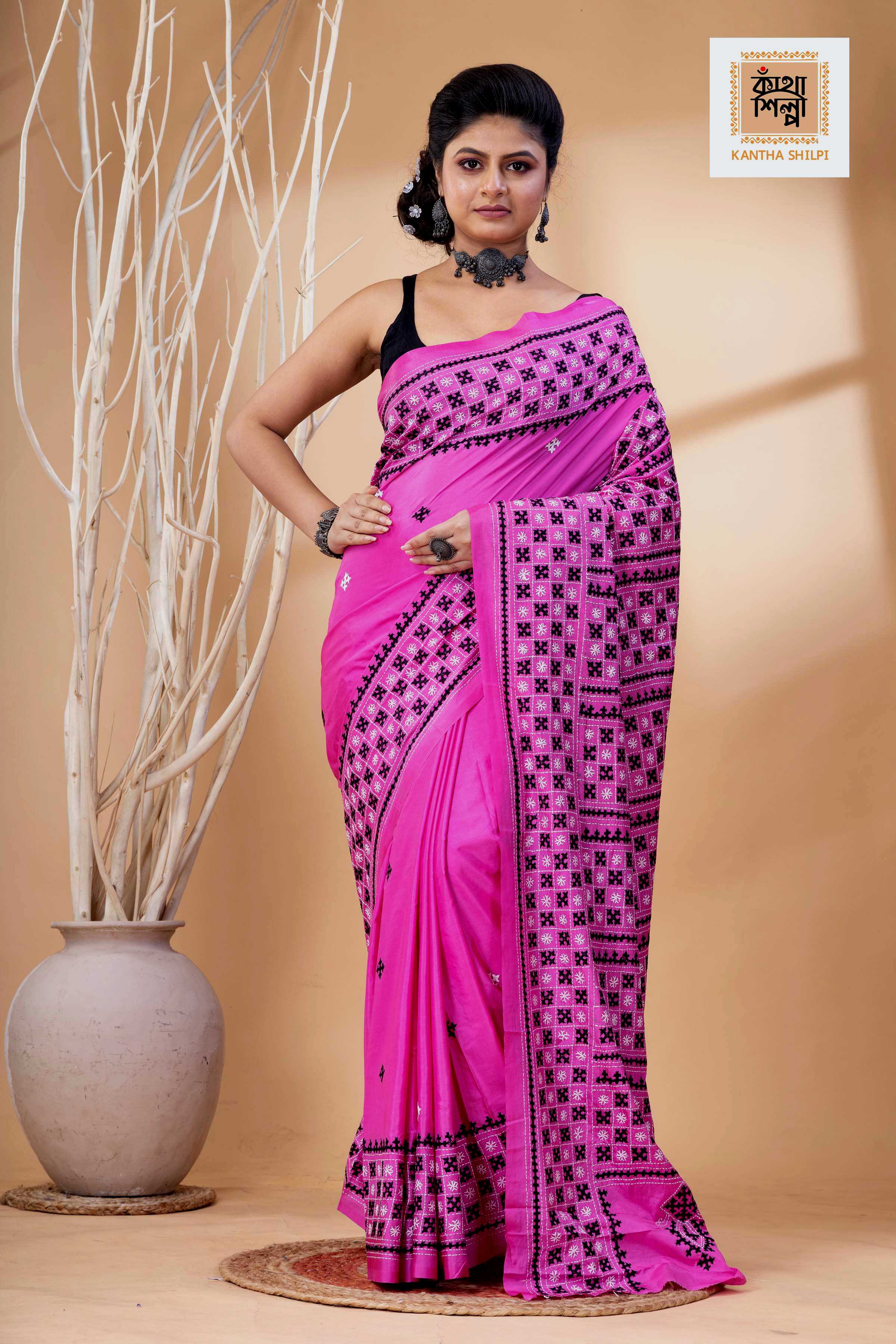 Pink Bangalore Silk Black-White Thread Work Gujrati Stitch Saree