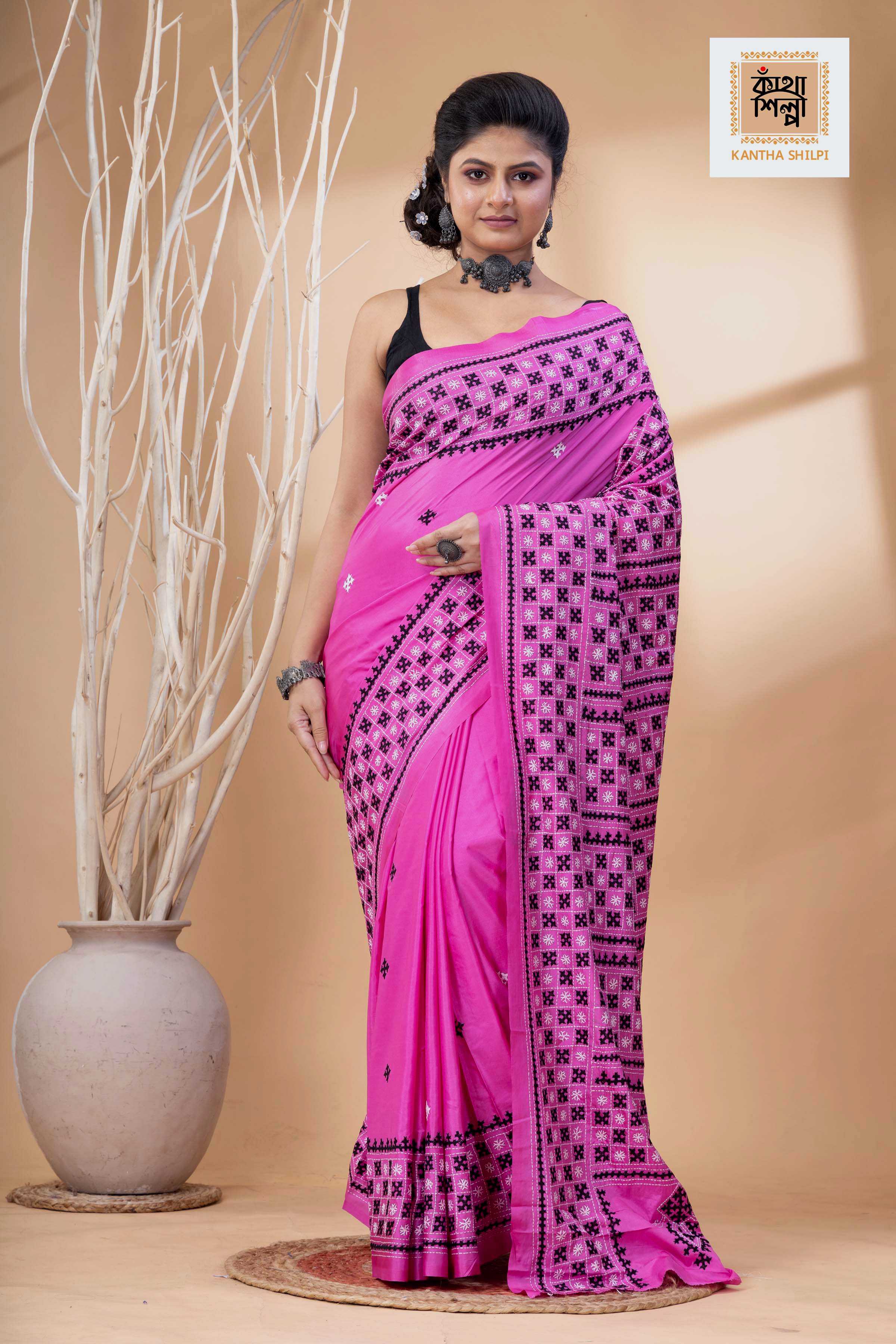 Pink Bangalore Silk Black-White Thread Work Gujrati Stitch Saree