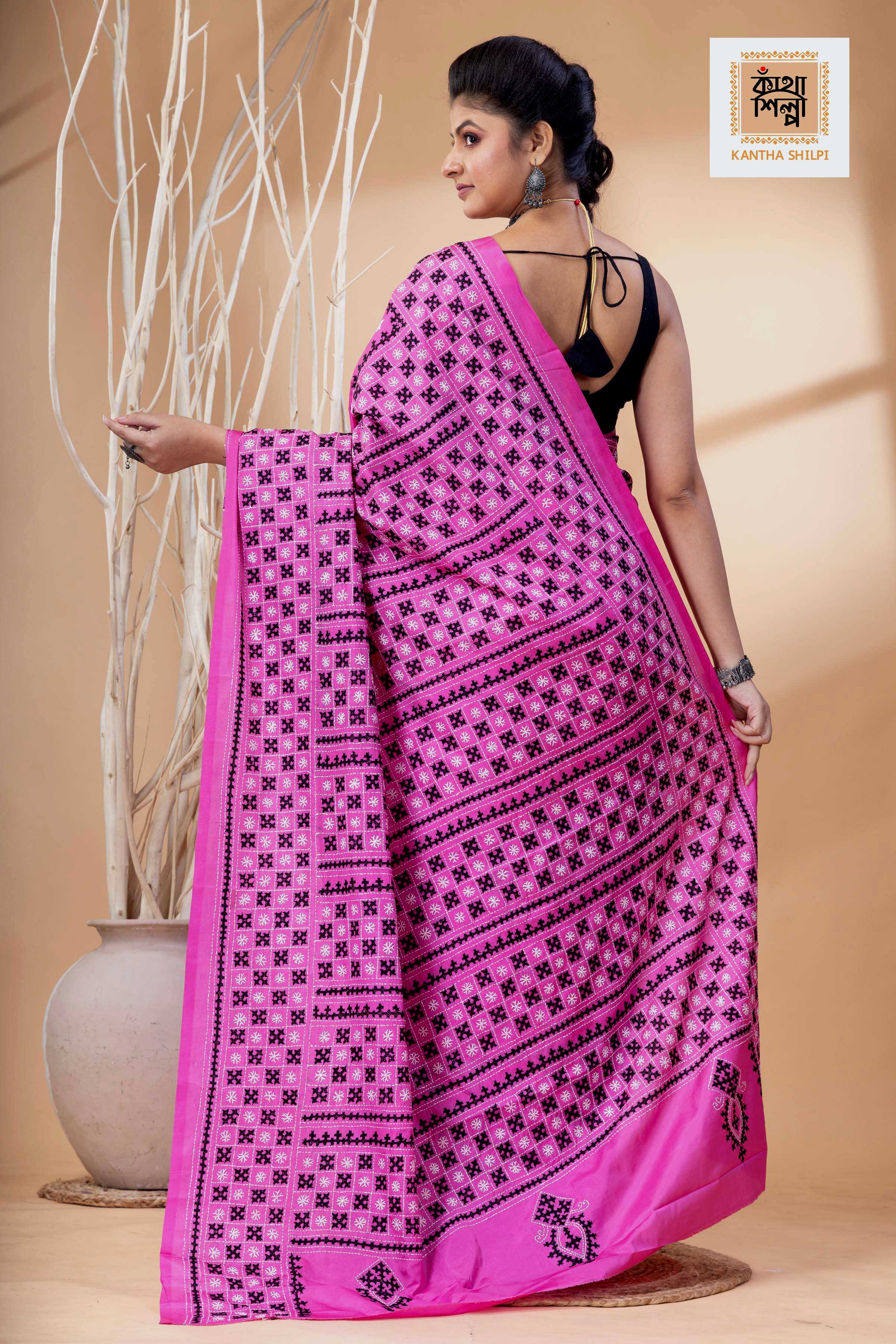 Pink Bangalore Silk Black-White Thread Work Gujrati Stitch Saree