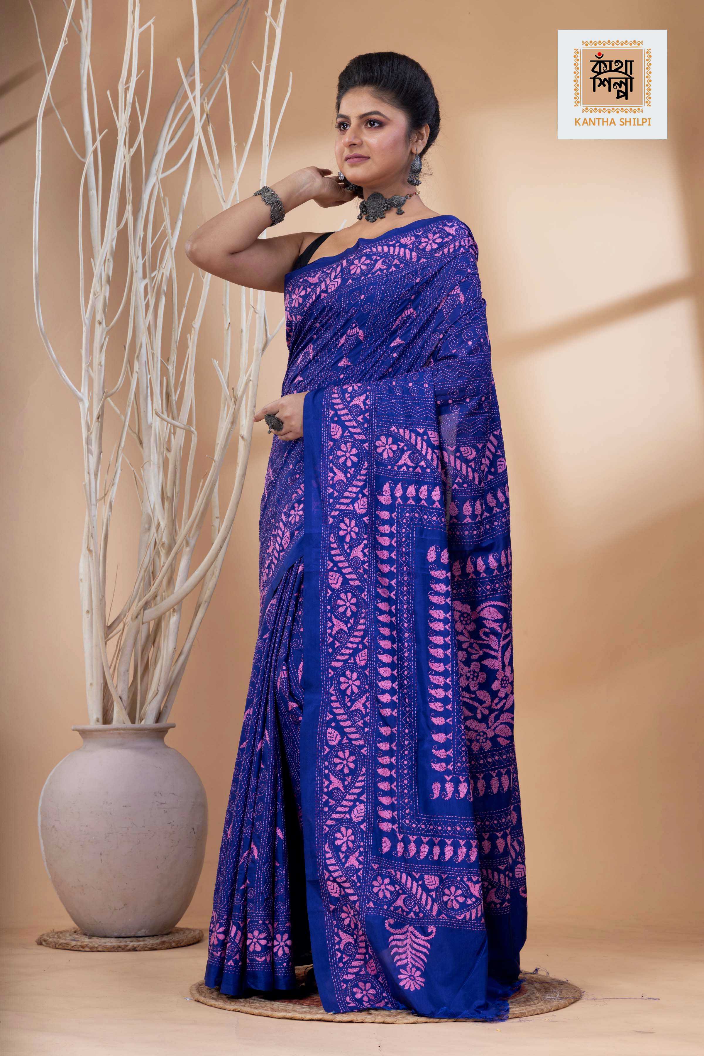 Blue Color Bangalore Silk Pink Color Thread Work Kantha Stitch Saree