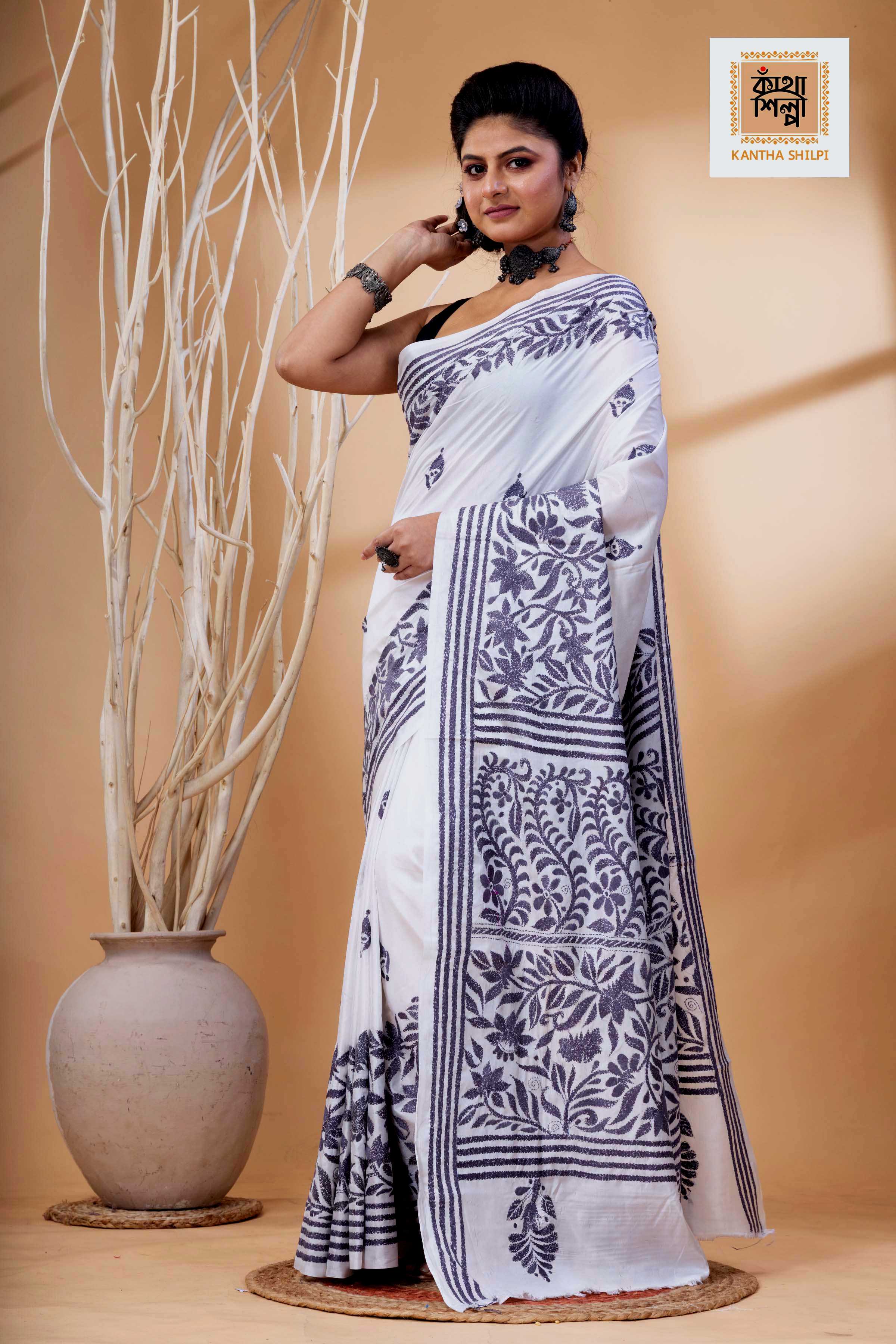 White Color Bangalore Silk Stil Grey Color Thread Work Kantha Stitch Saree
