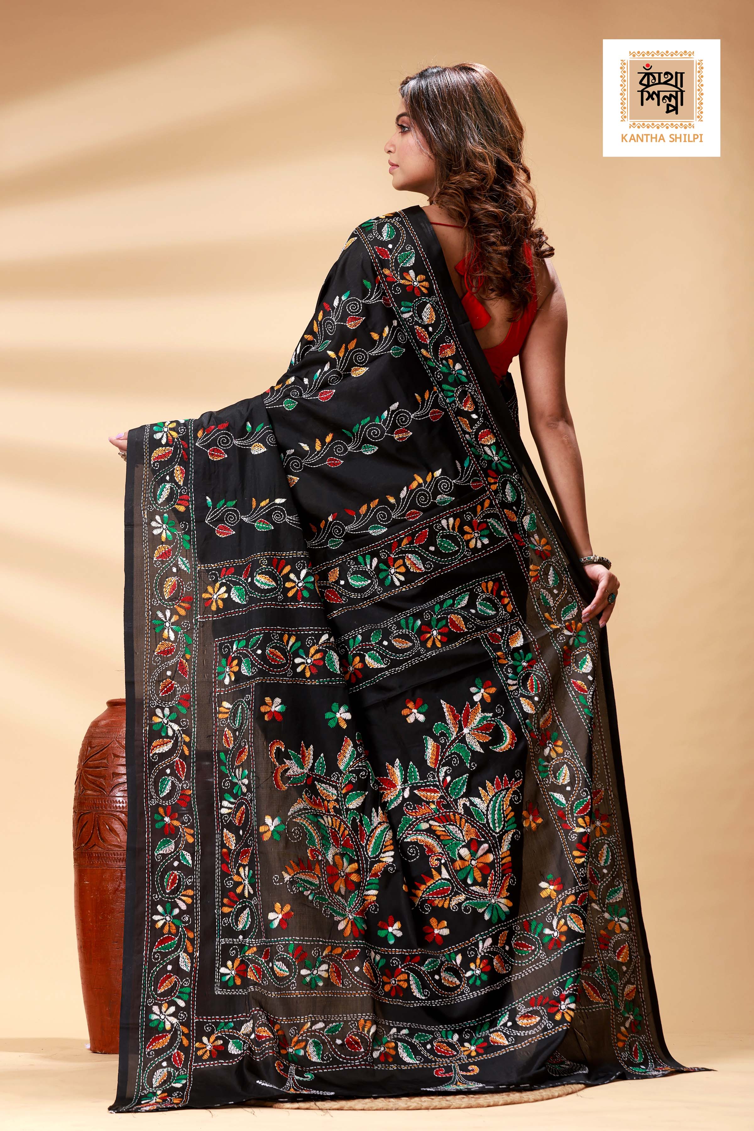Black Color Bangalore Silk Multicolor Thread Work Kantha Stitch Saree