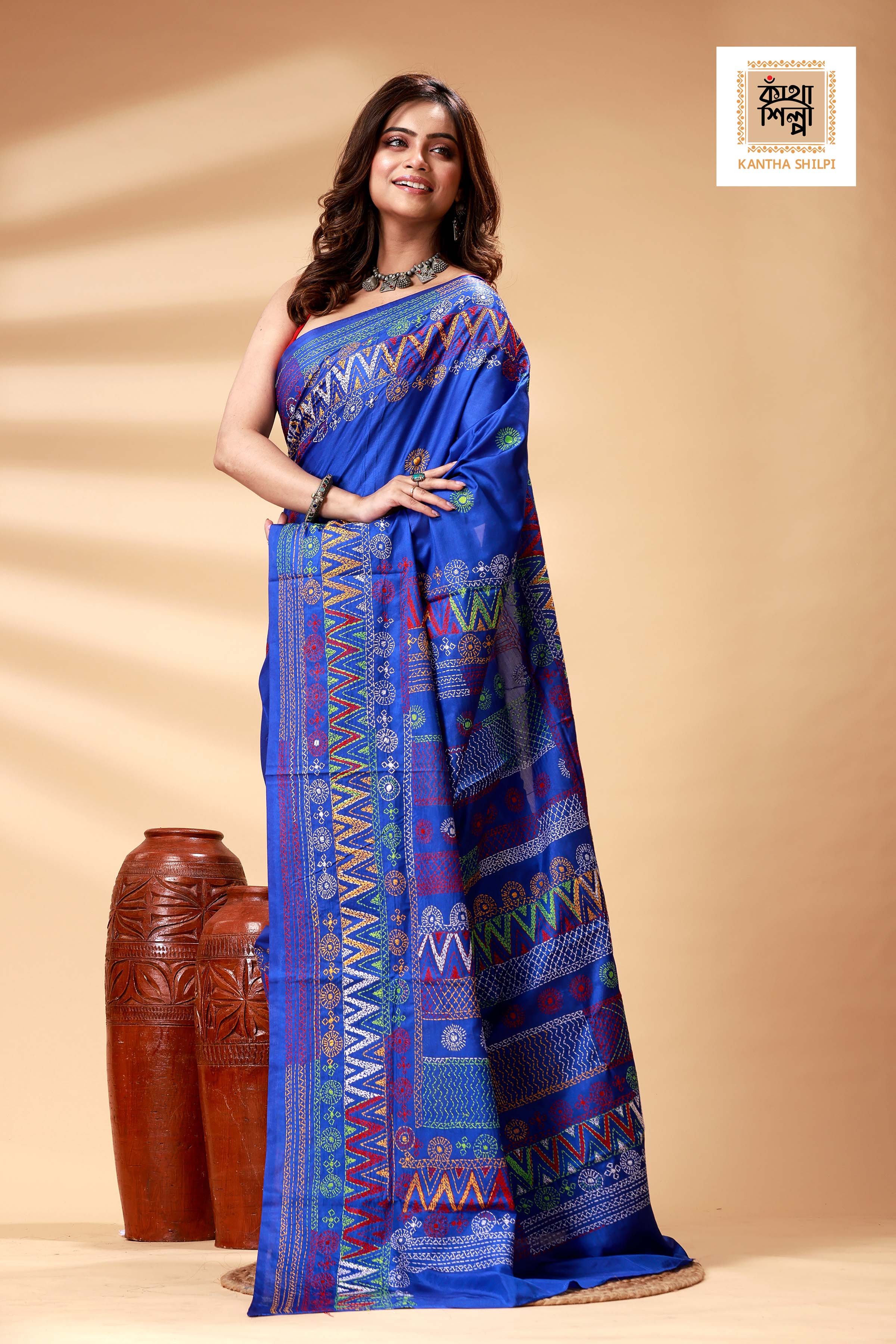 Blue Color Bangalore Silk Multicolor Thread Work Lambani Stitch Saree
