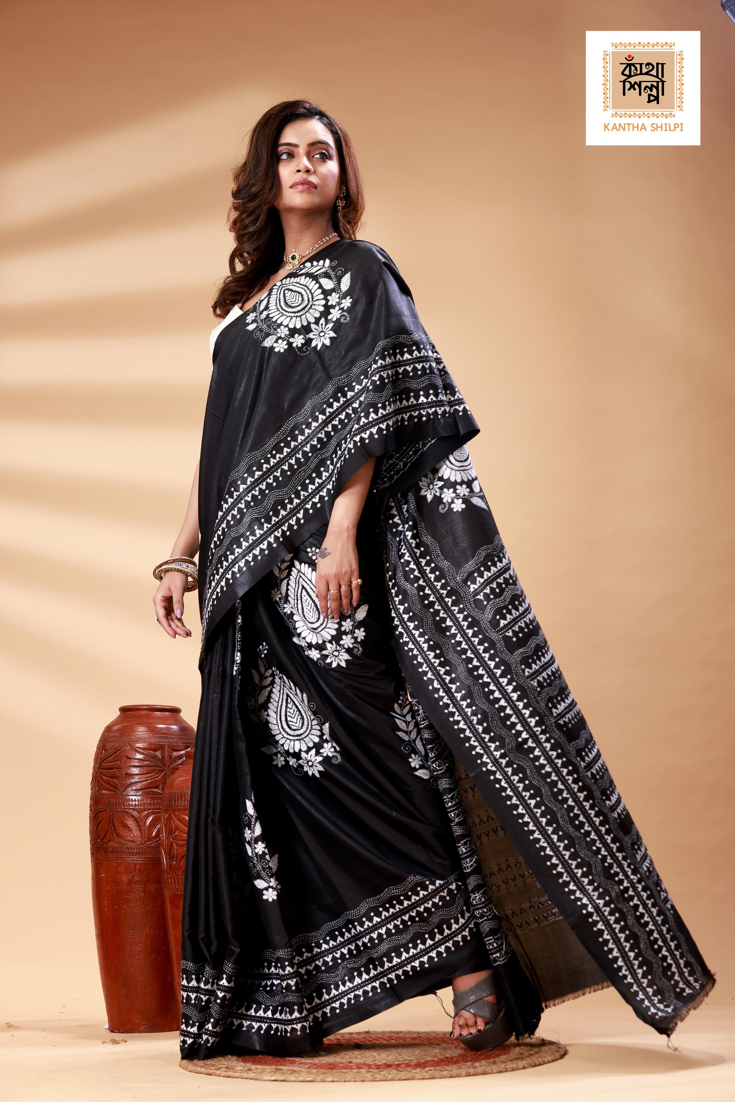 Black Color Bangalore Silk White color Thread Work Kantha Stitch Saree