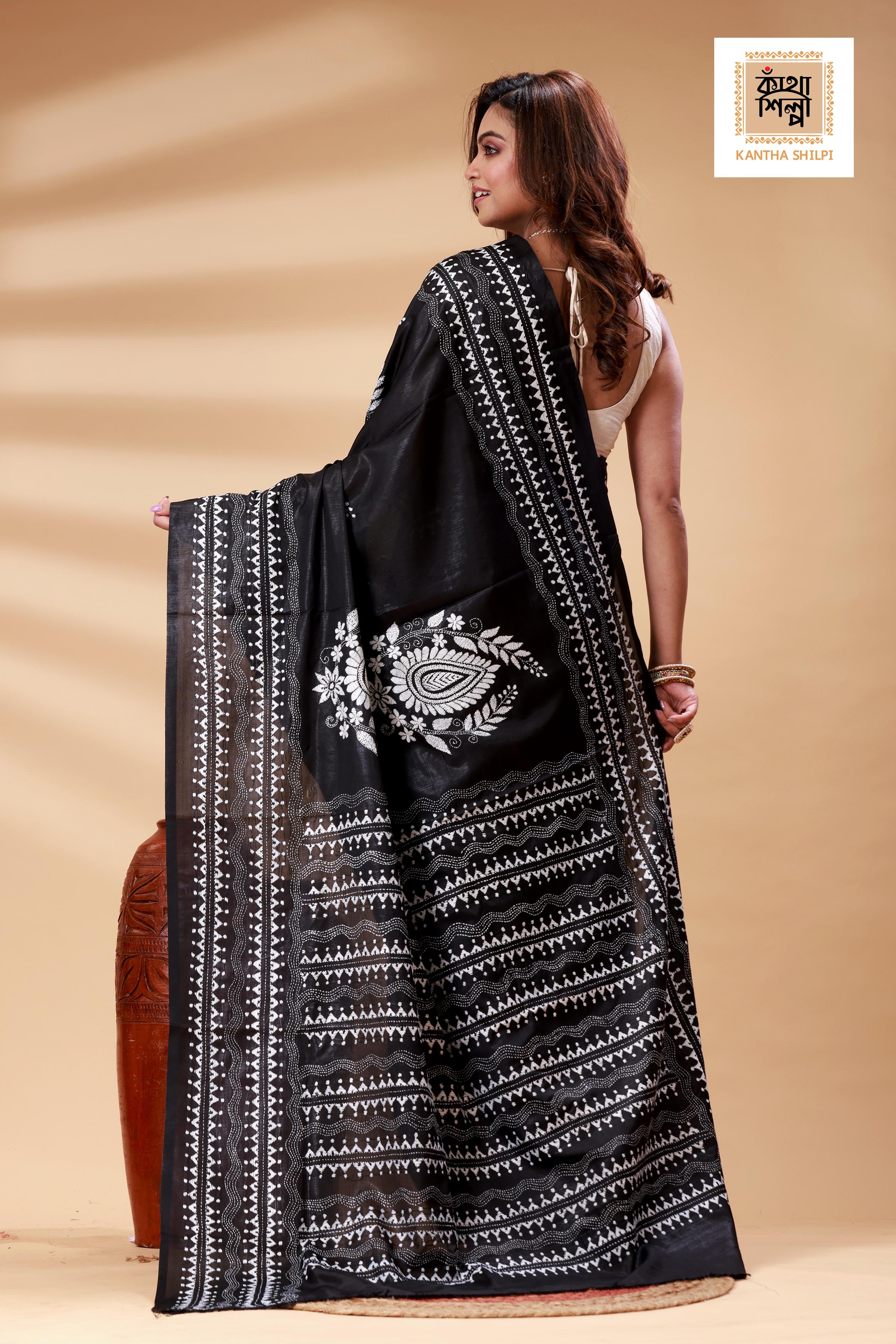 Black Color Bangalore Silk White color Thread Work Kantha Stitch Saree
