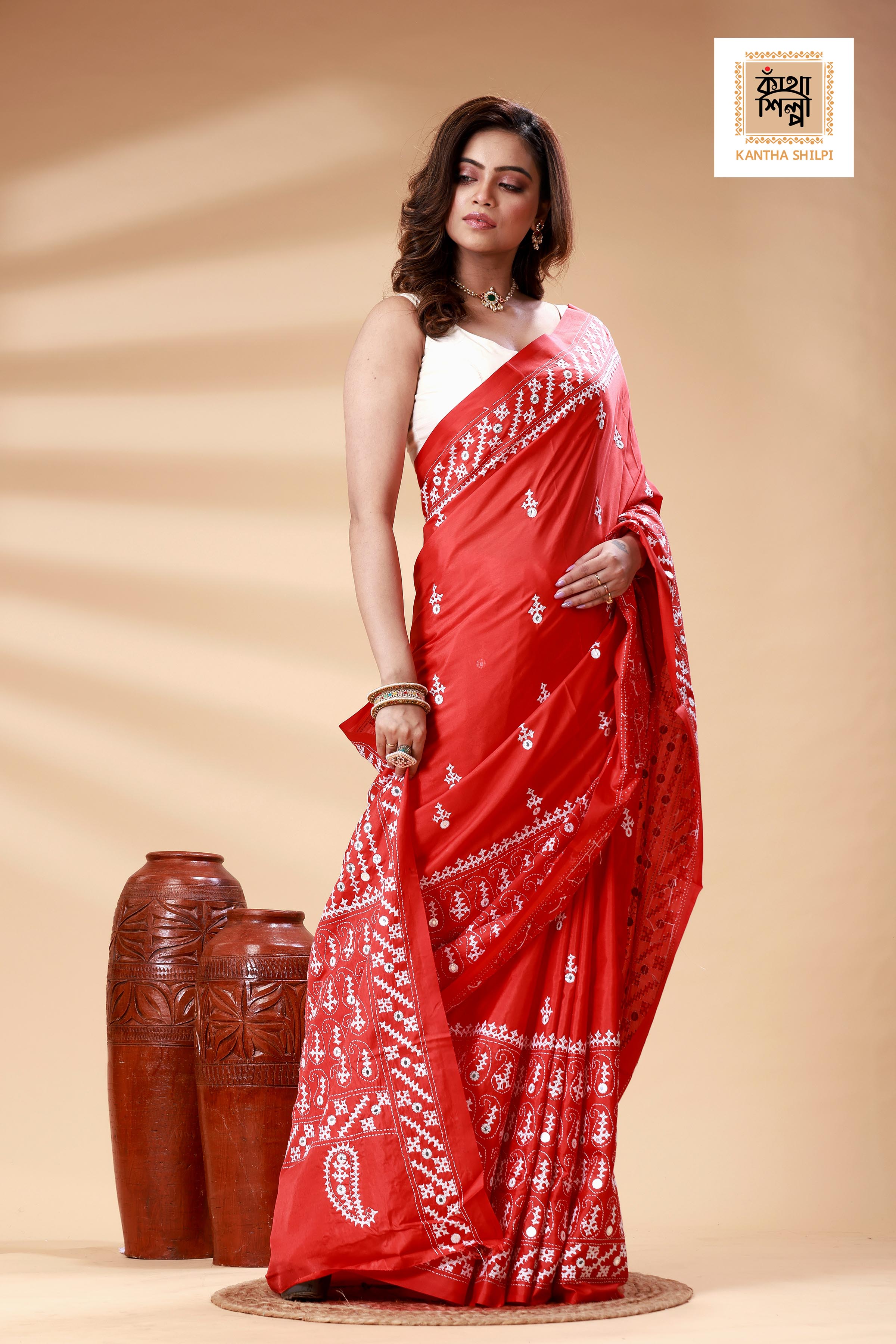 Red Bangalore Silk White color Thread Work Gujrati Stitch Saree