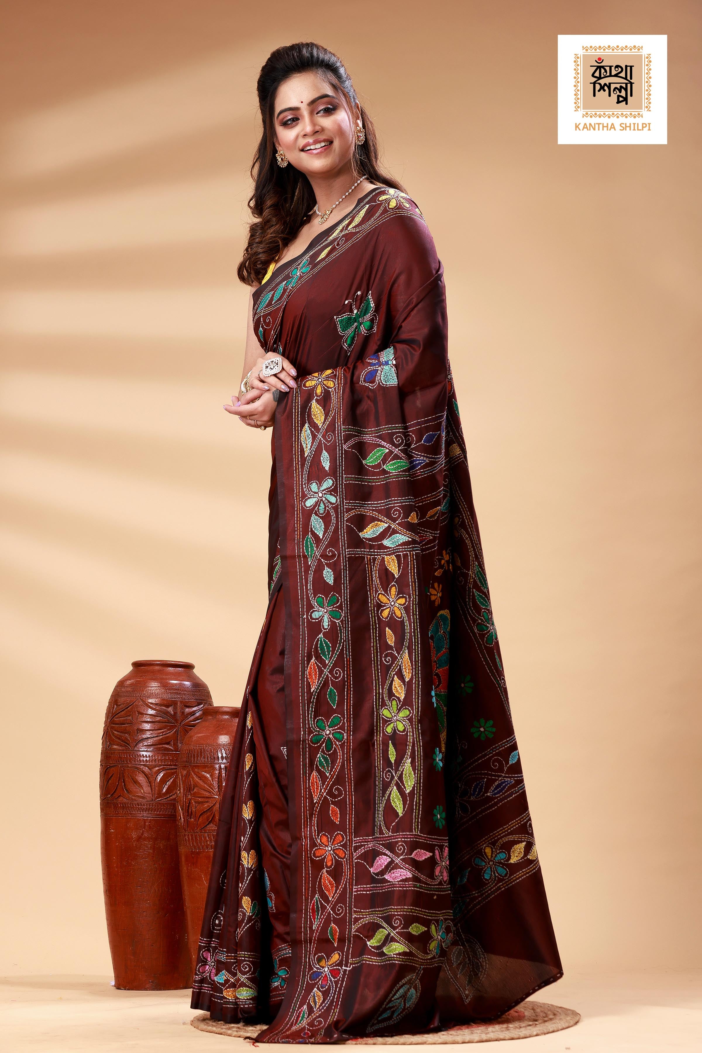 Maroon Color Bangalore Silk Multicolor Thread Work Kantha Stitch Saree