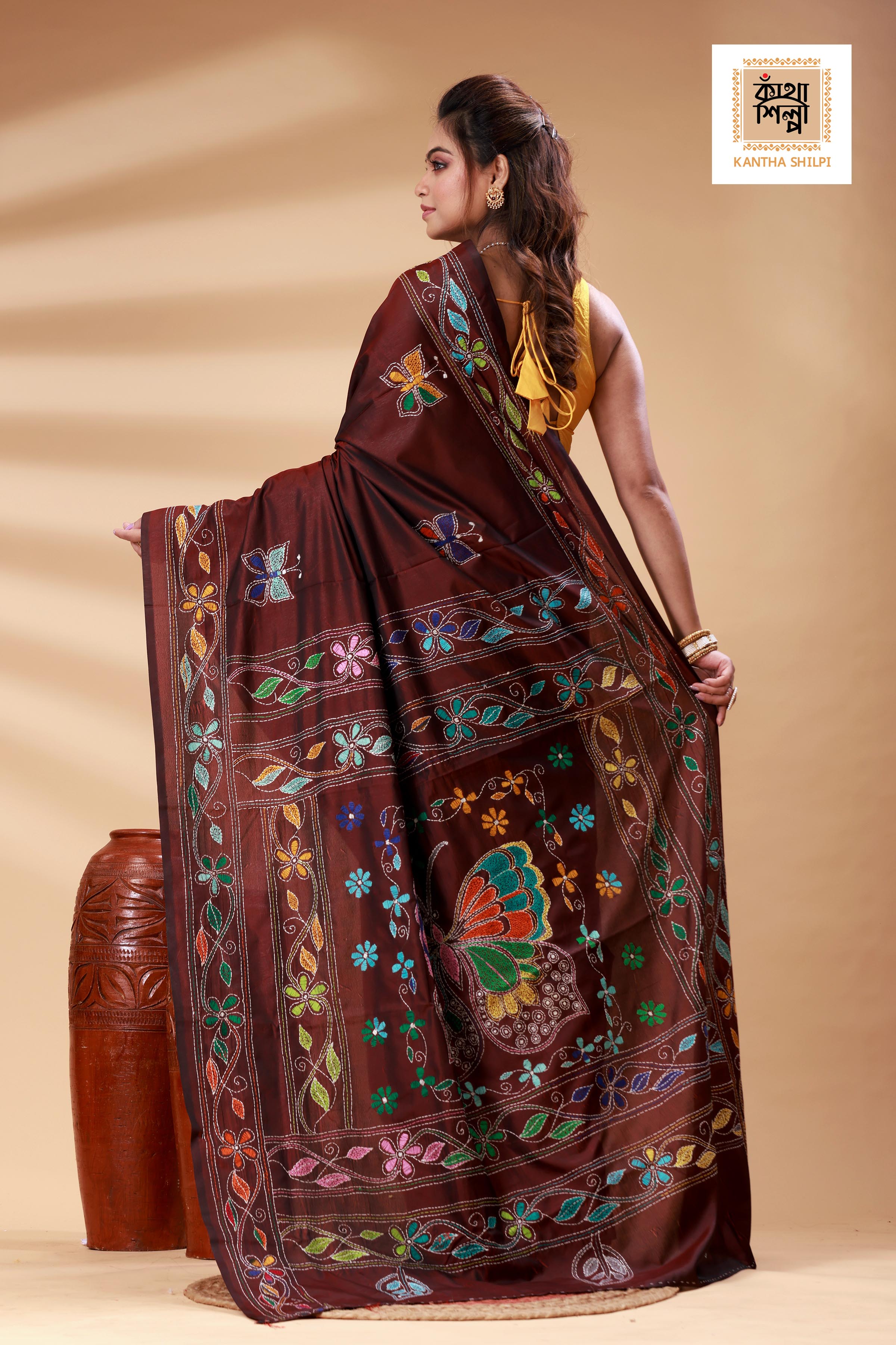 Maroon Color Bangalore Silk Multicolor Thread Work Kantha Stitch Saree