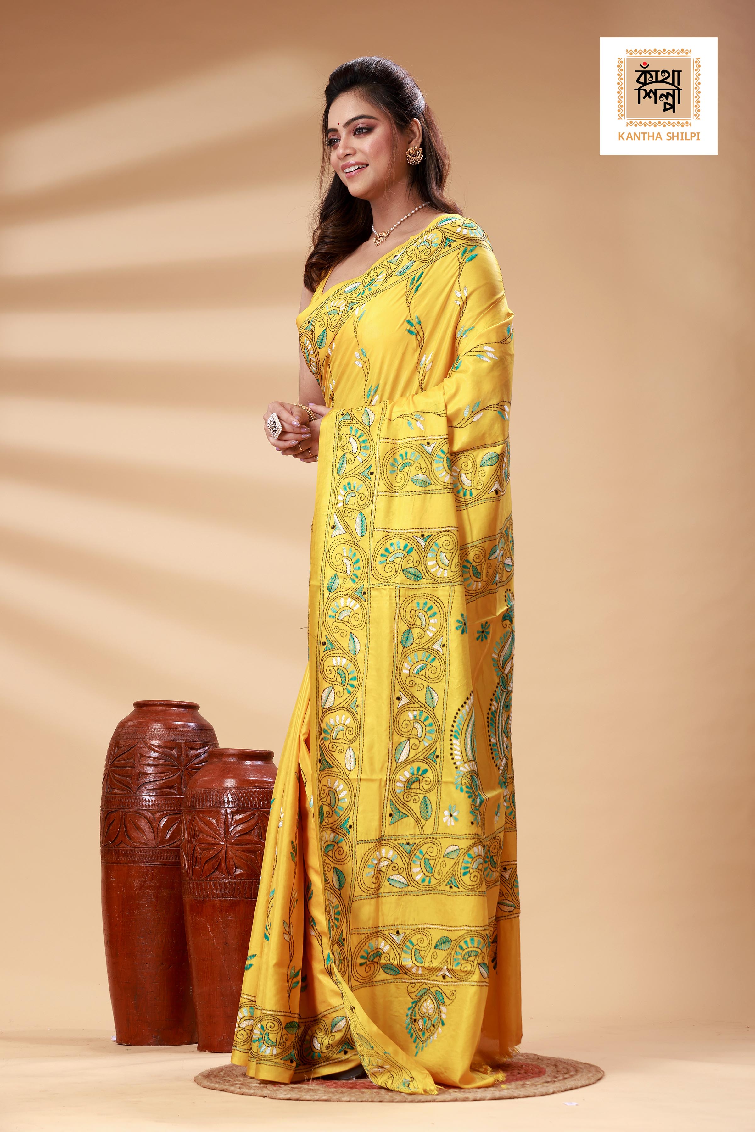 Yellow Color Bangalore Silk White-green color Thread Work Kantha Stitch Saree