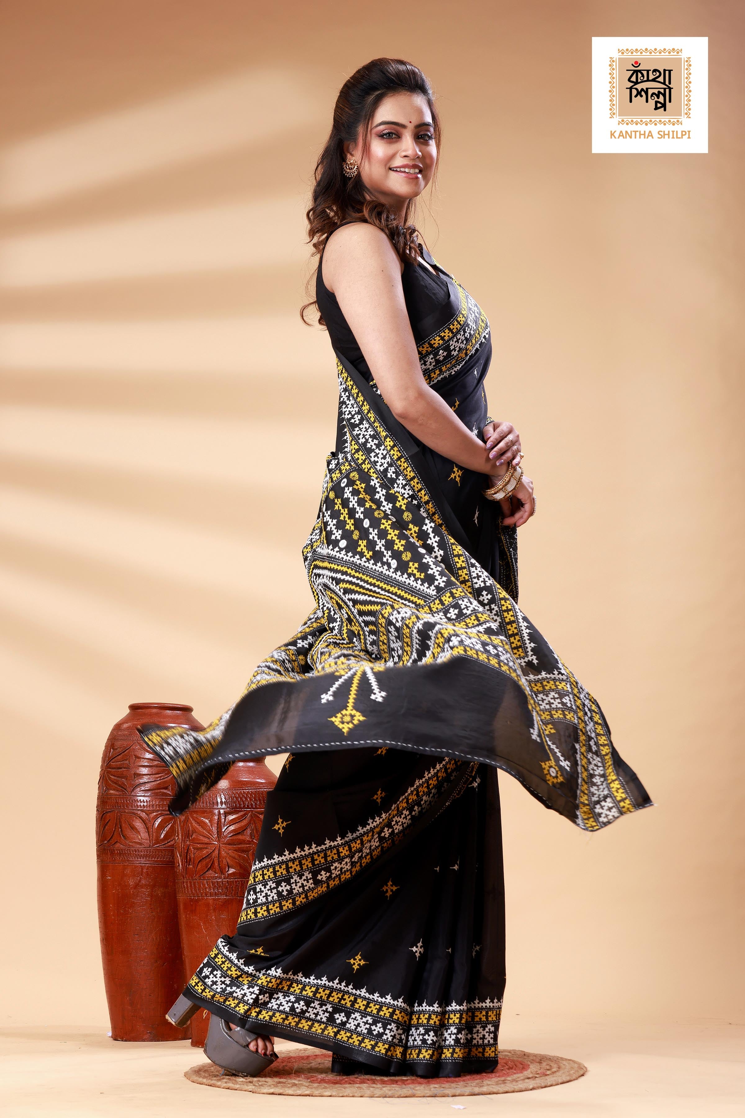 Black Bangalore Silk White-yellow color Thread Work Gujrati Stitch Saree