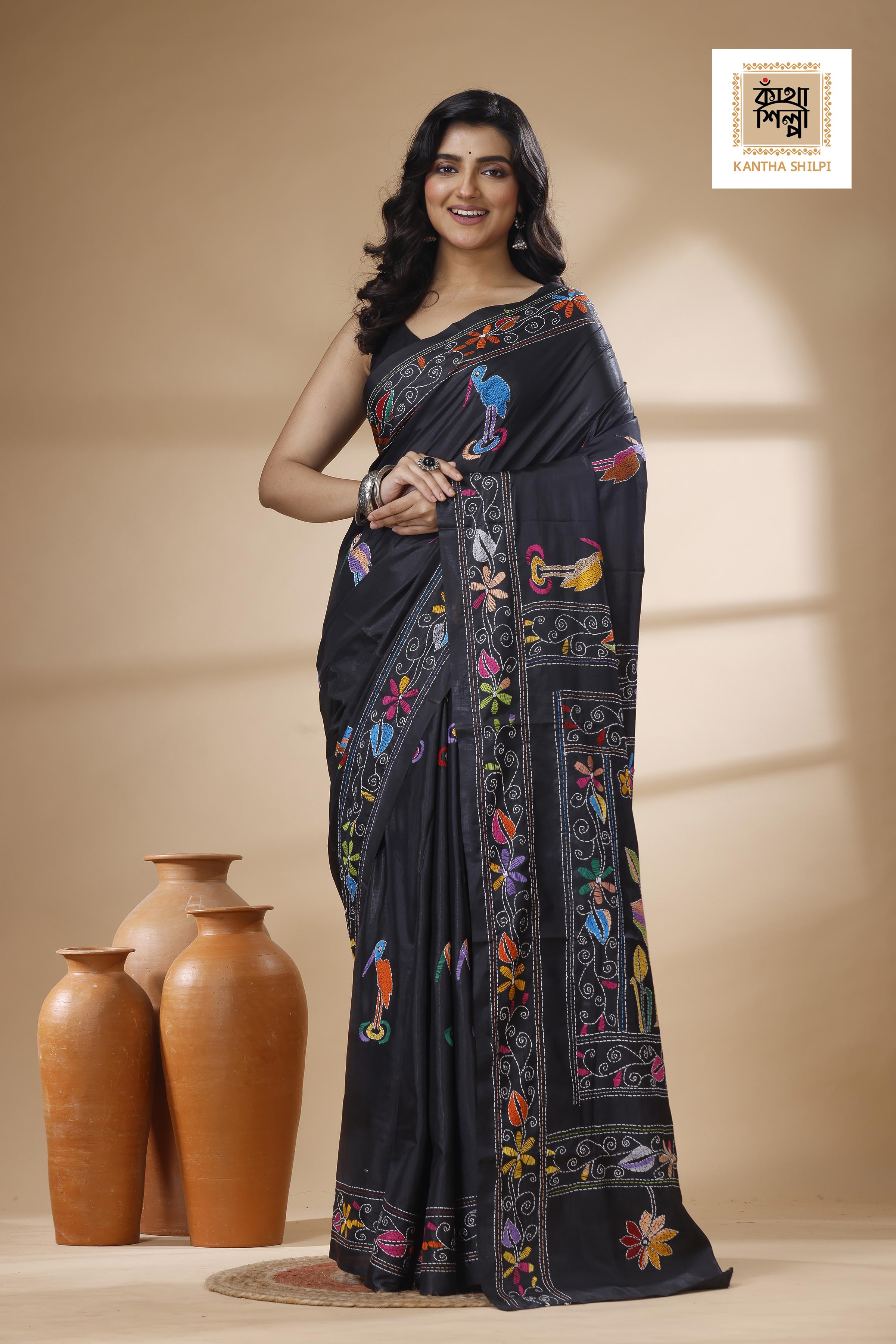 Black Color Bangalore Silk Multicolor Thread Work Kantha Stitch Saree