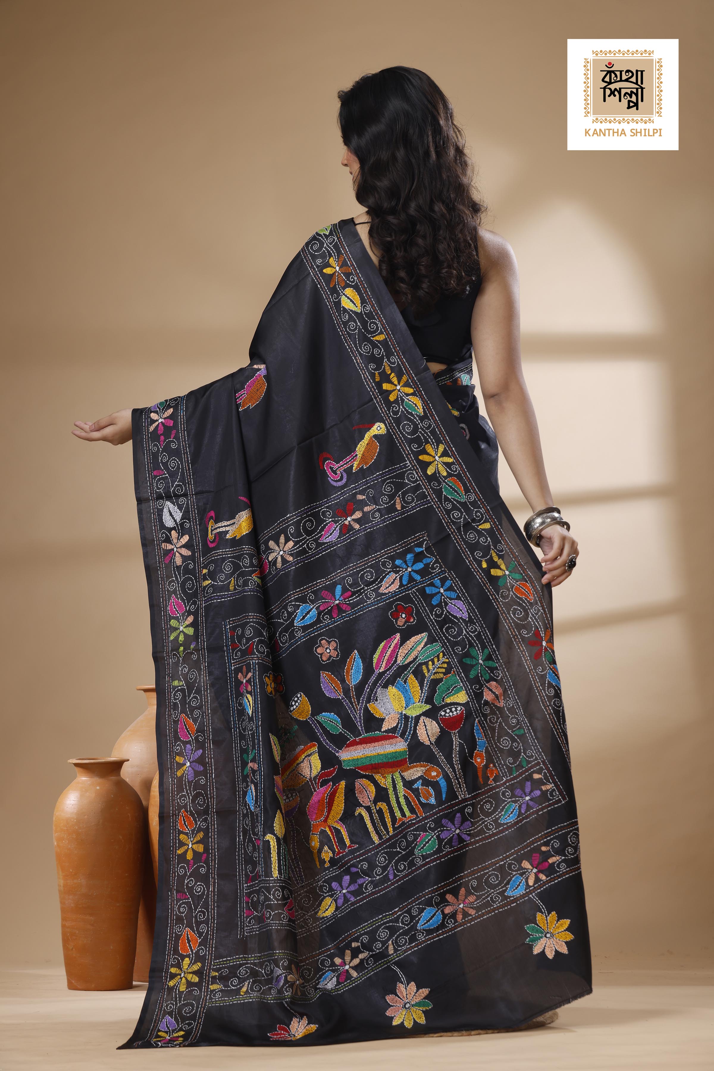 Black Color Bangalore Silk Multicolor Thread Work Kantha Stitch Saree