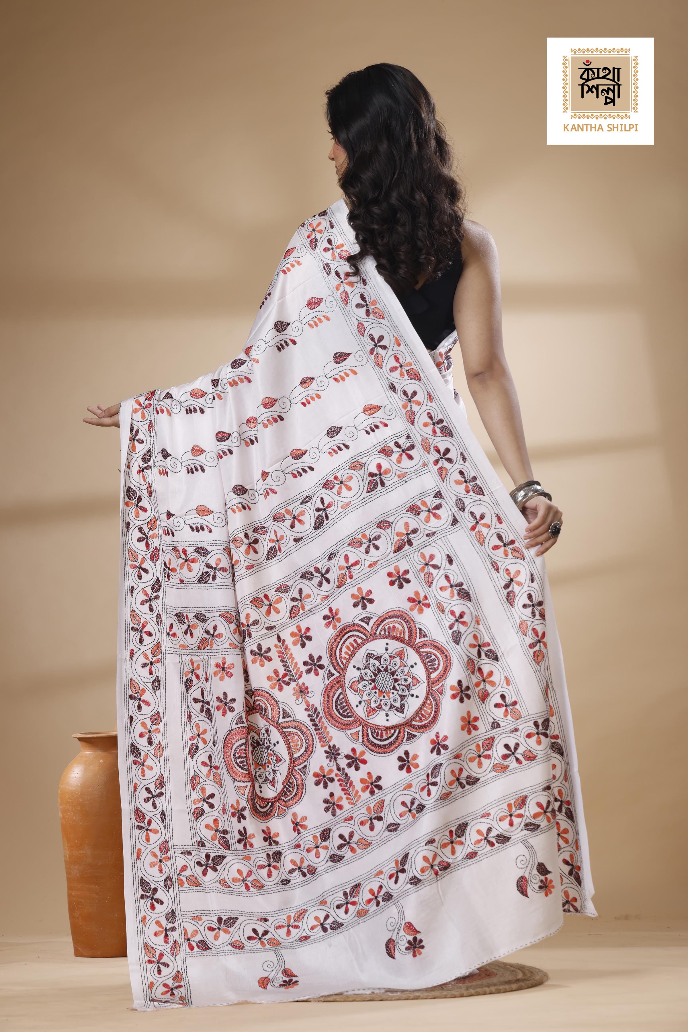 White Color Bangalore Silk Multicolor Thread Work Kantha Stitch Saree