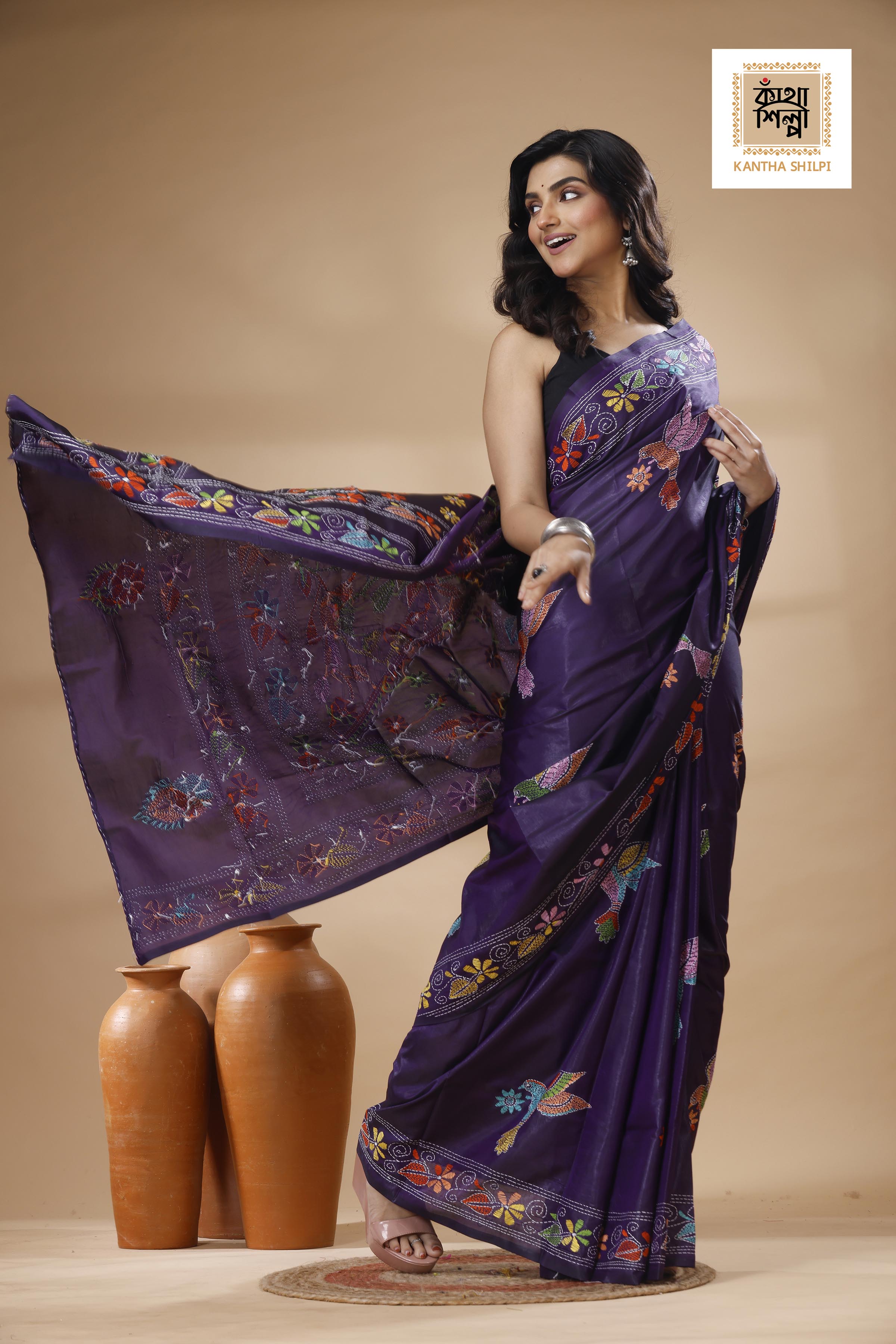 Purple Color Bangalore Silk Multicolor Thread Work Kantha Stitch Saree