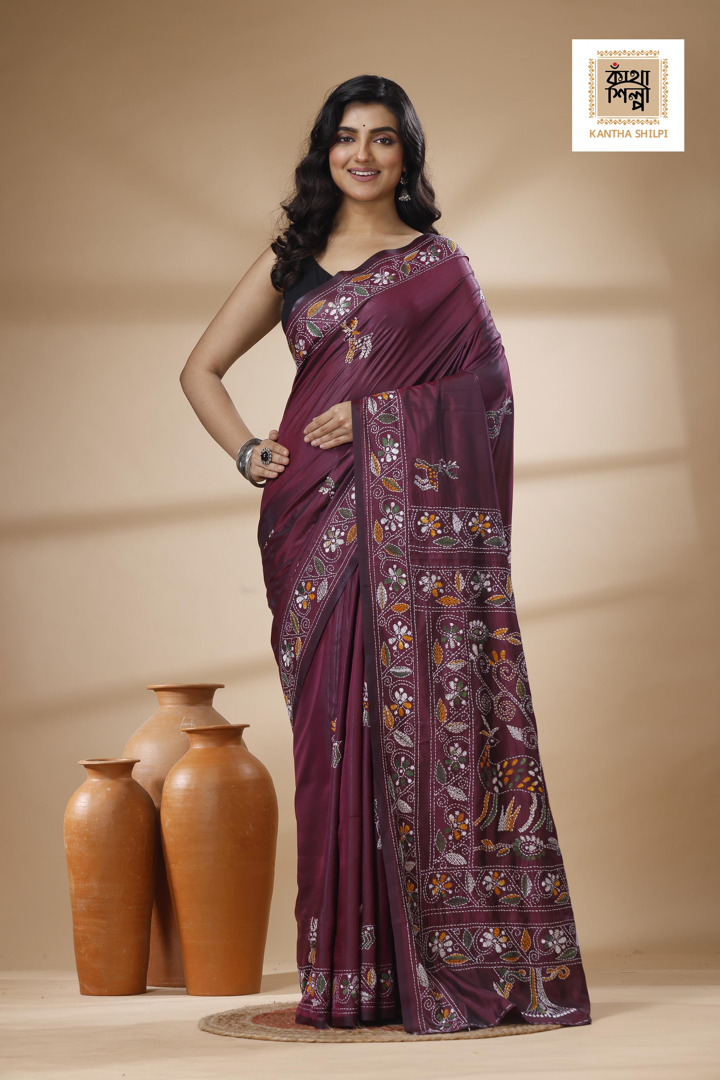 Maroon Color Bangalore Silk Multicolor Thread Work Kantha Stitch Saree