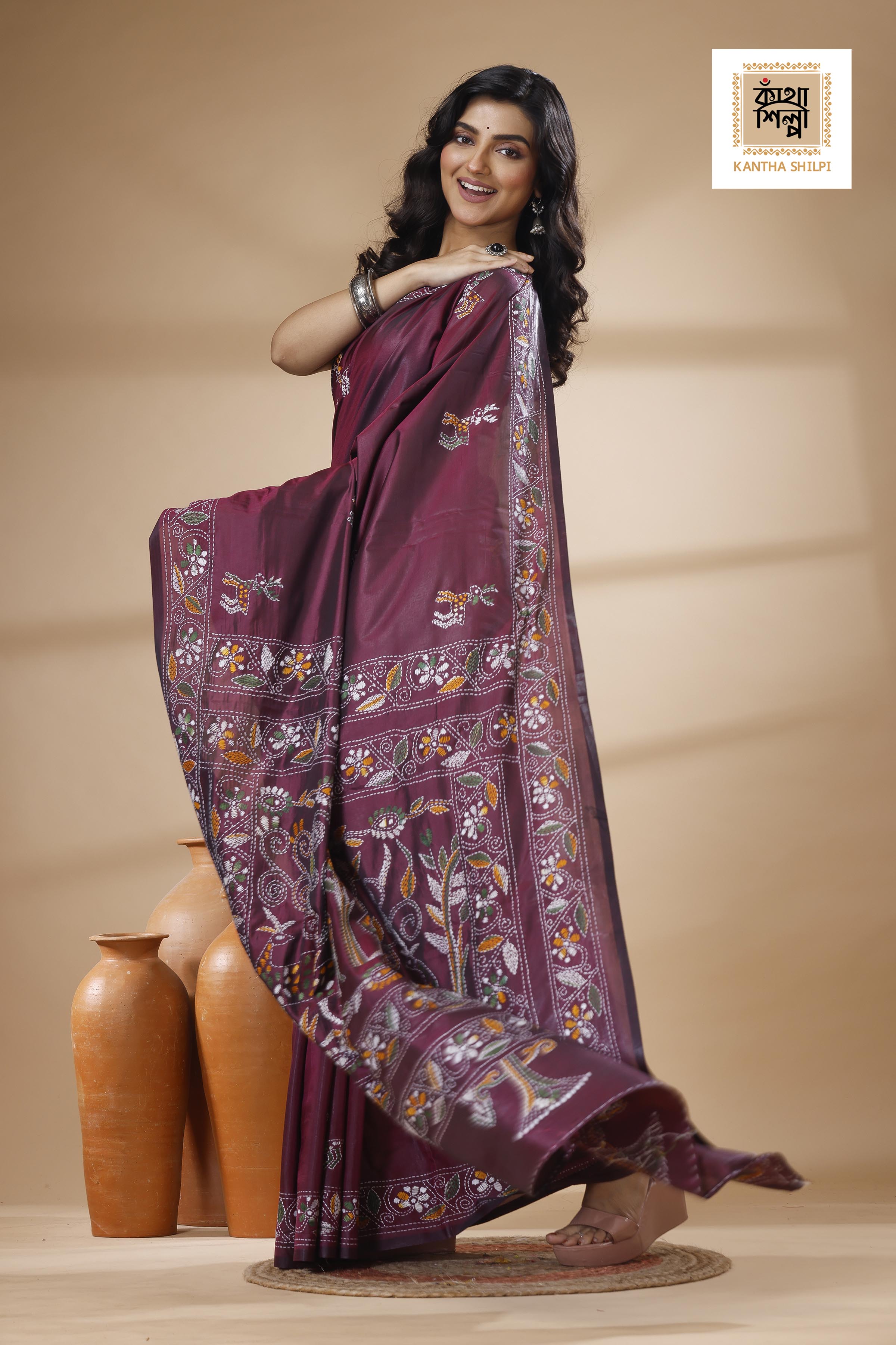 Maroon Color Bangalore Silk Multicolor Thread Work Kantha Stitch Saree