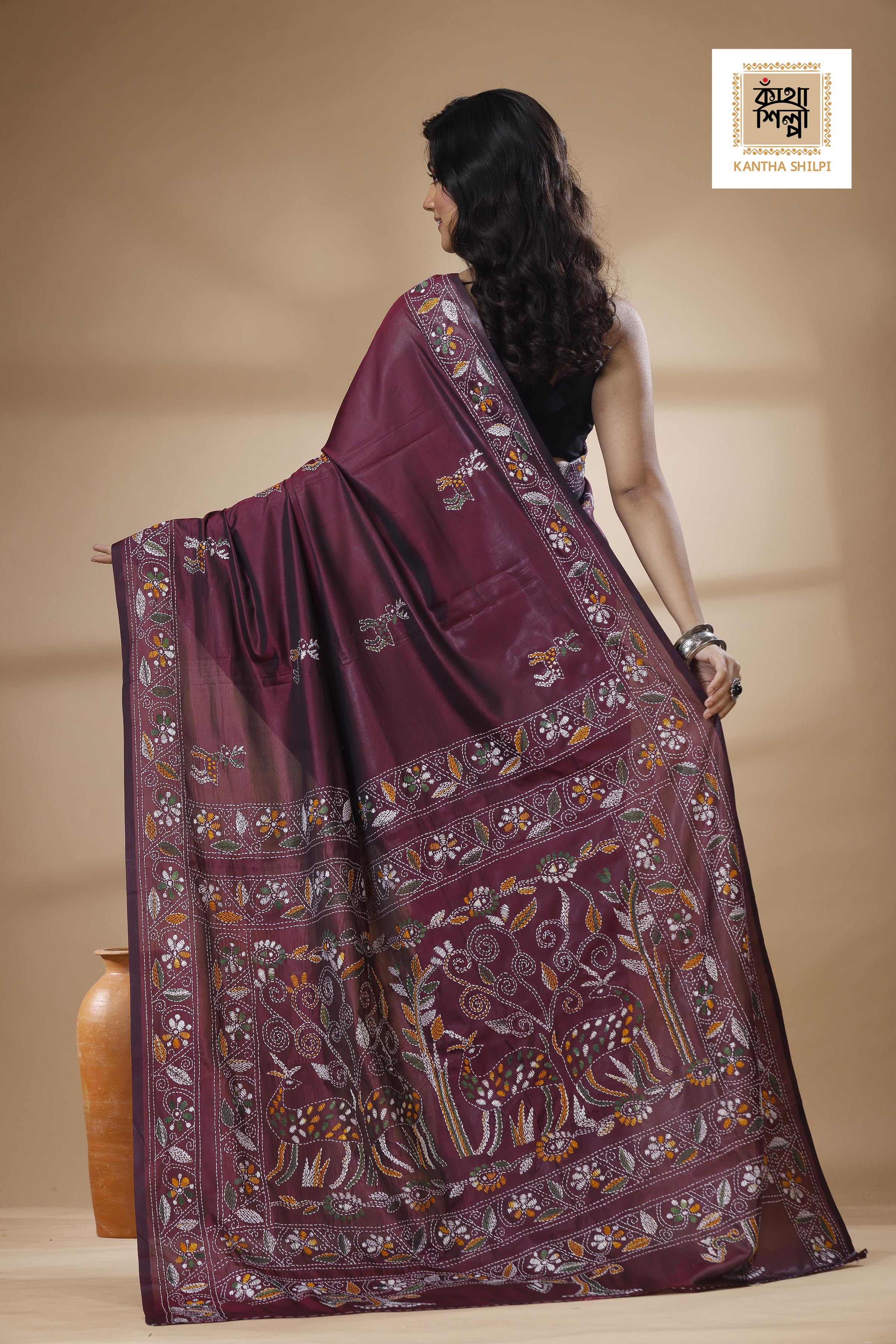 Maroon Color Bangalore Silk Multicolor Thread Work Kantha Stitch Saree
