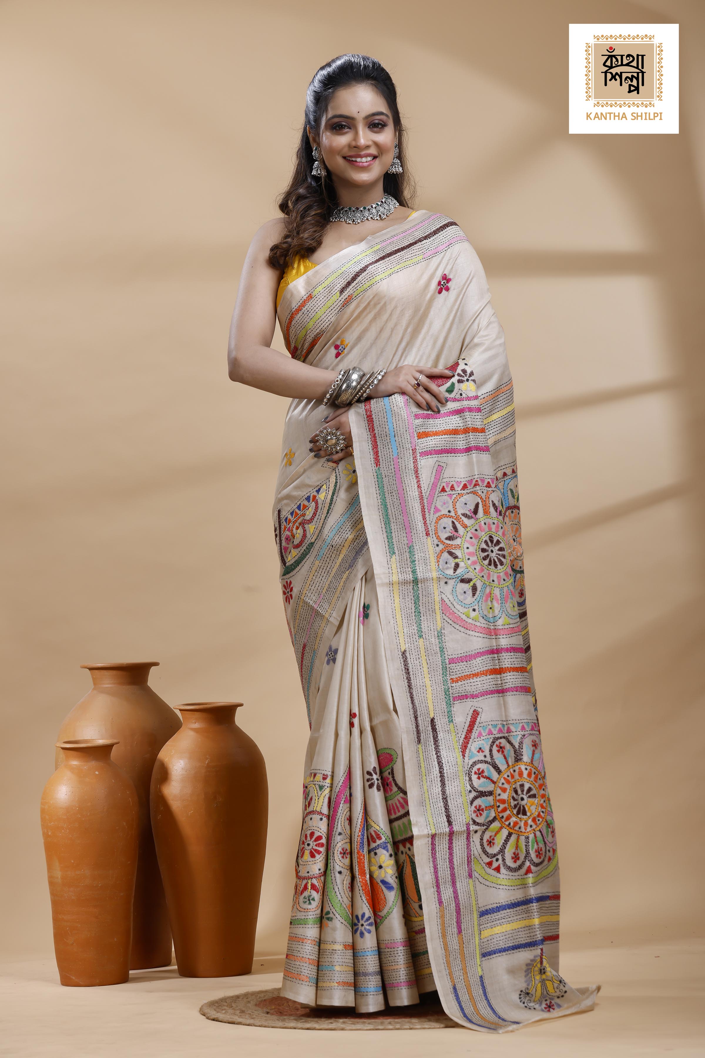 Pure Gachi Tussar Multicolor Thread Work Kantha Stitch Saree