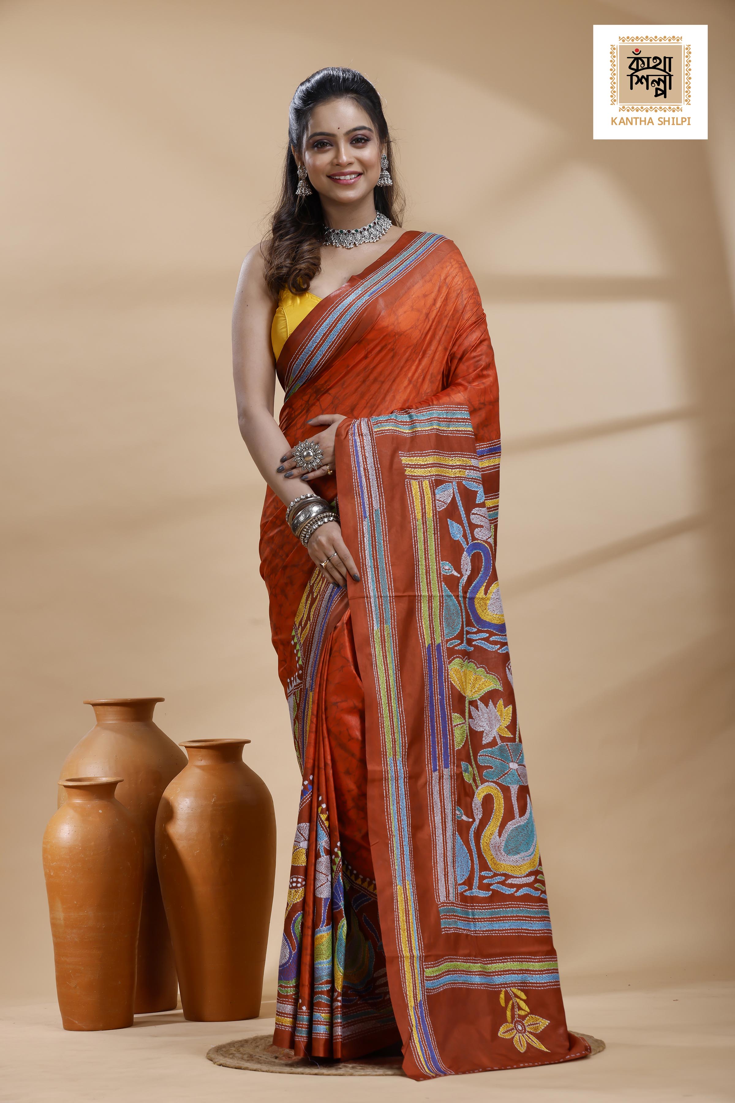 Red Color Bangalore Silk Multicolor Thread Work Batik Kantha Stitch Saree