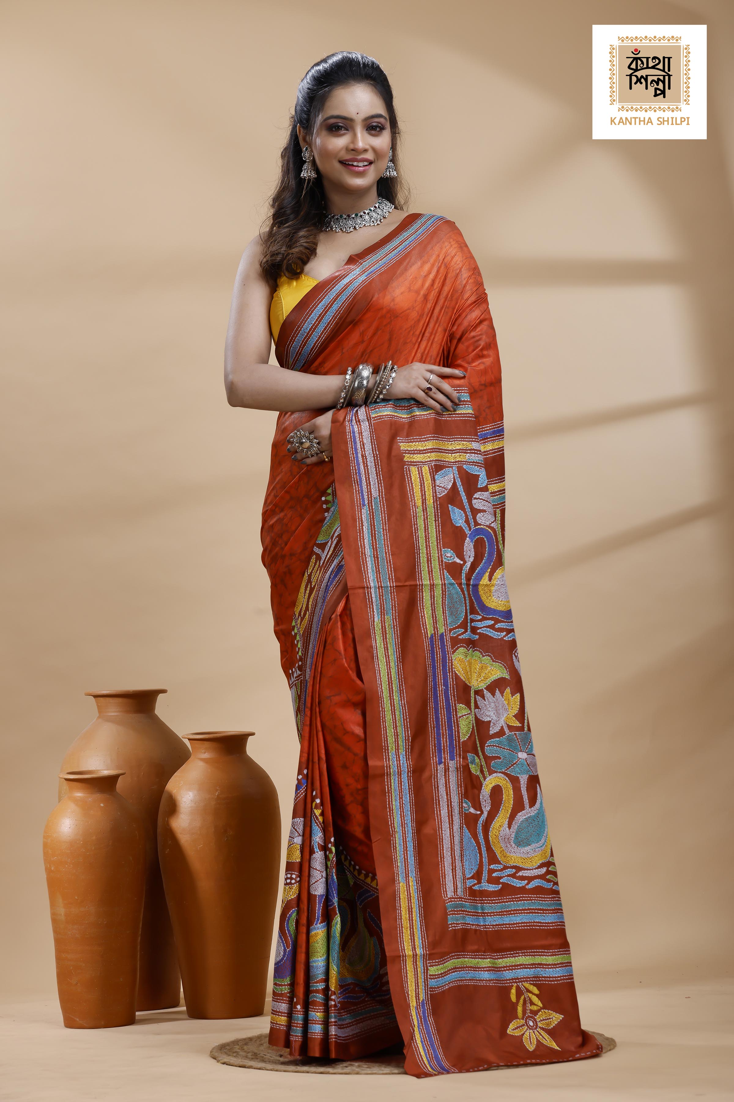 Red Color Bangalore Silk Multicolor Thread Work Batik Kantha Stitch Saree