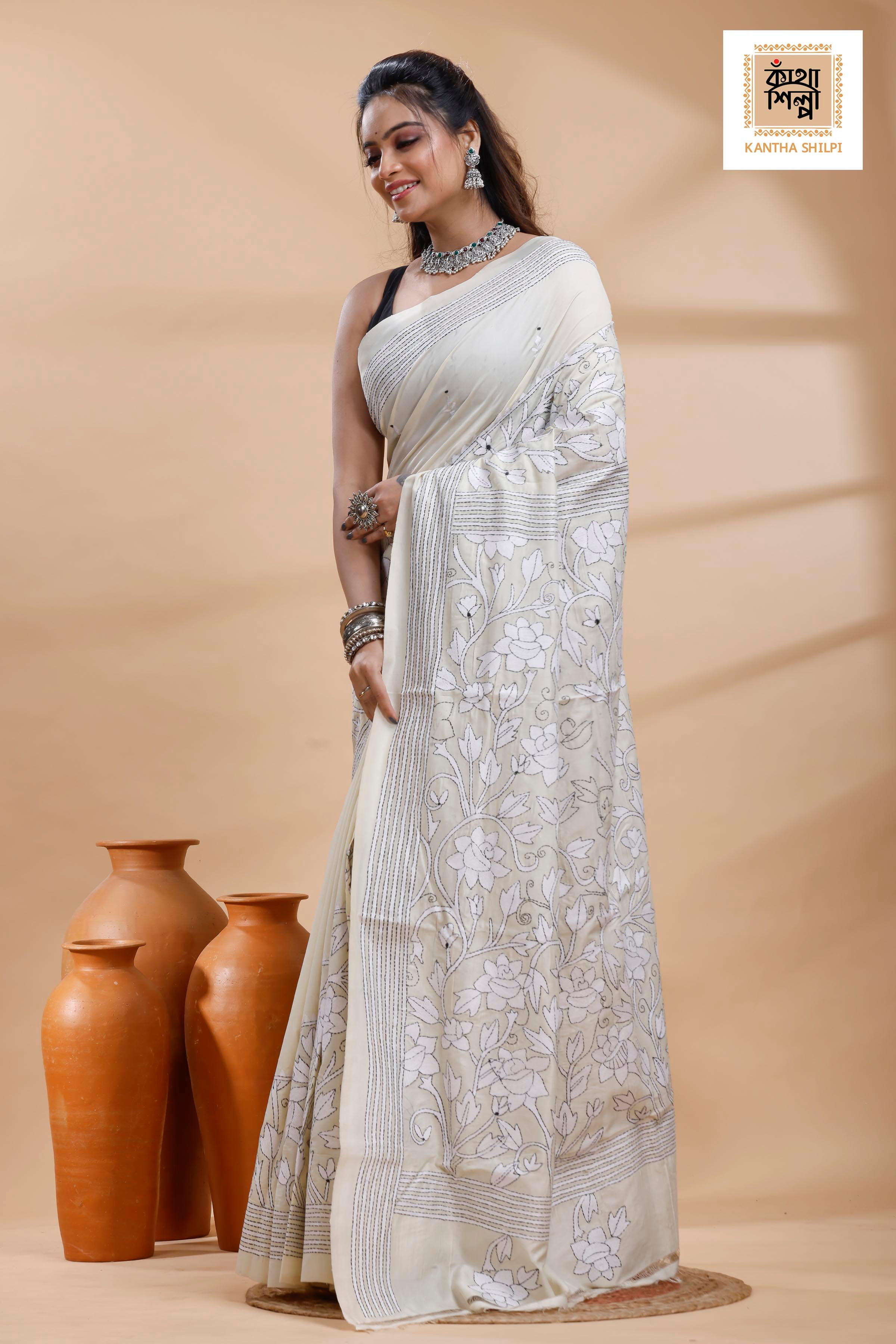 Tussar Black-White Color Thread Work Flower Motif Kantha Stitch Saree