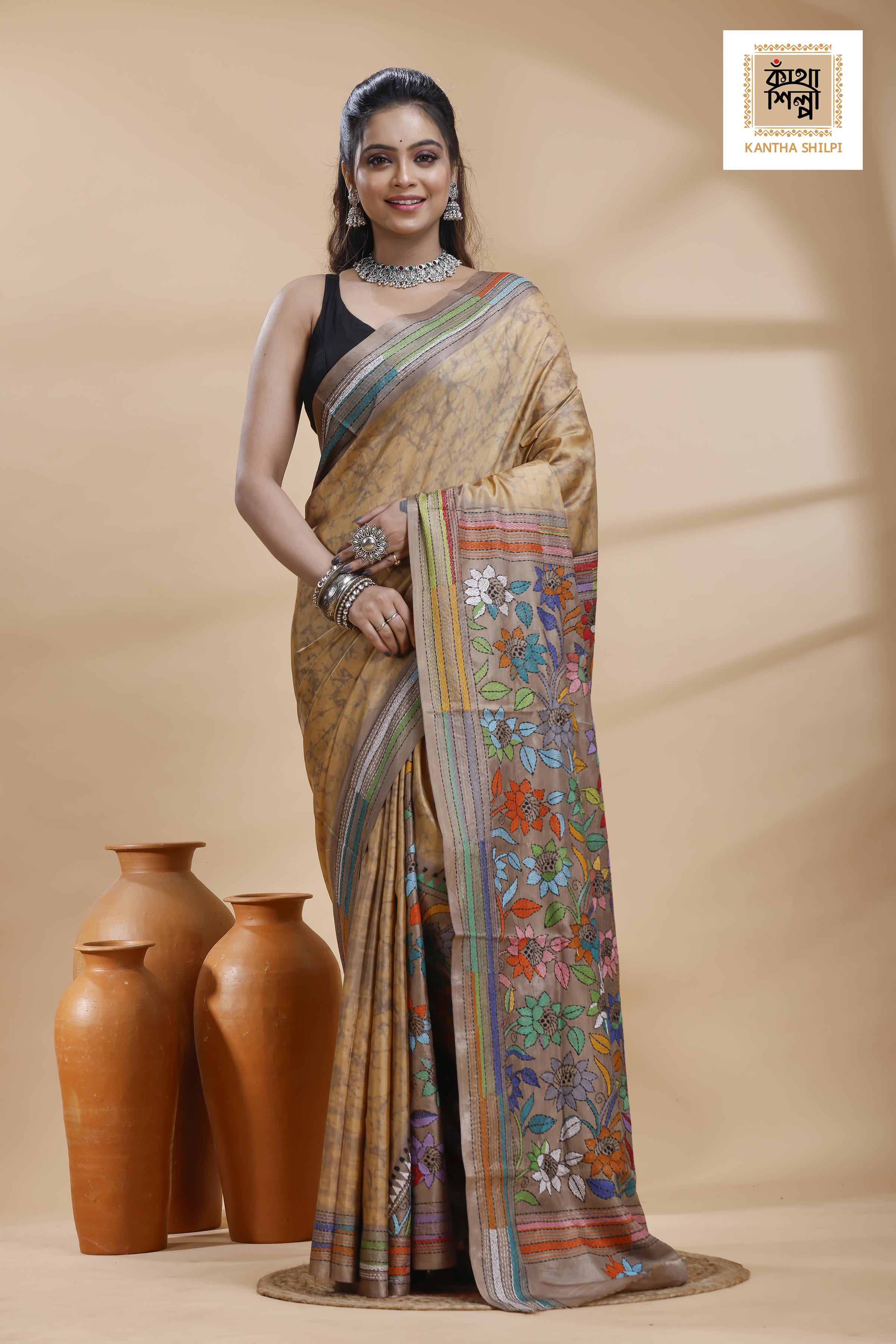 Beige Color Bangalore Silk Multicolor Thread Work Batik Kantha Stitch Saree