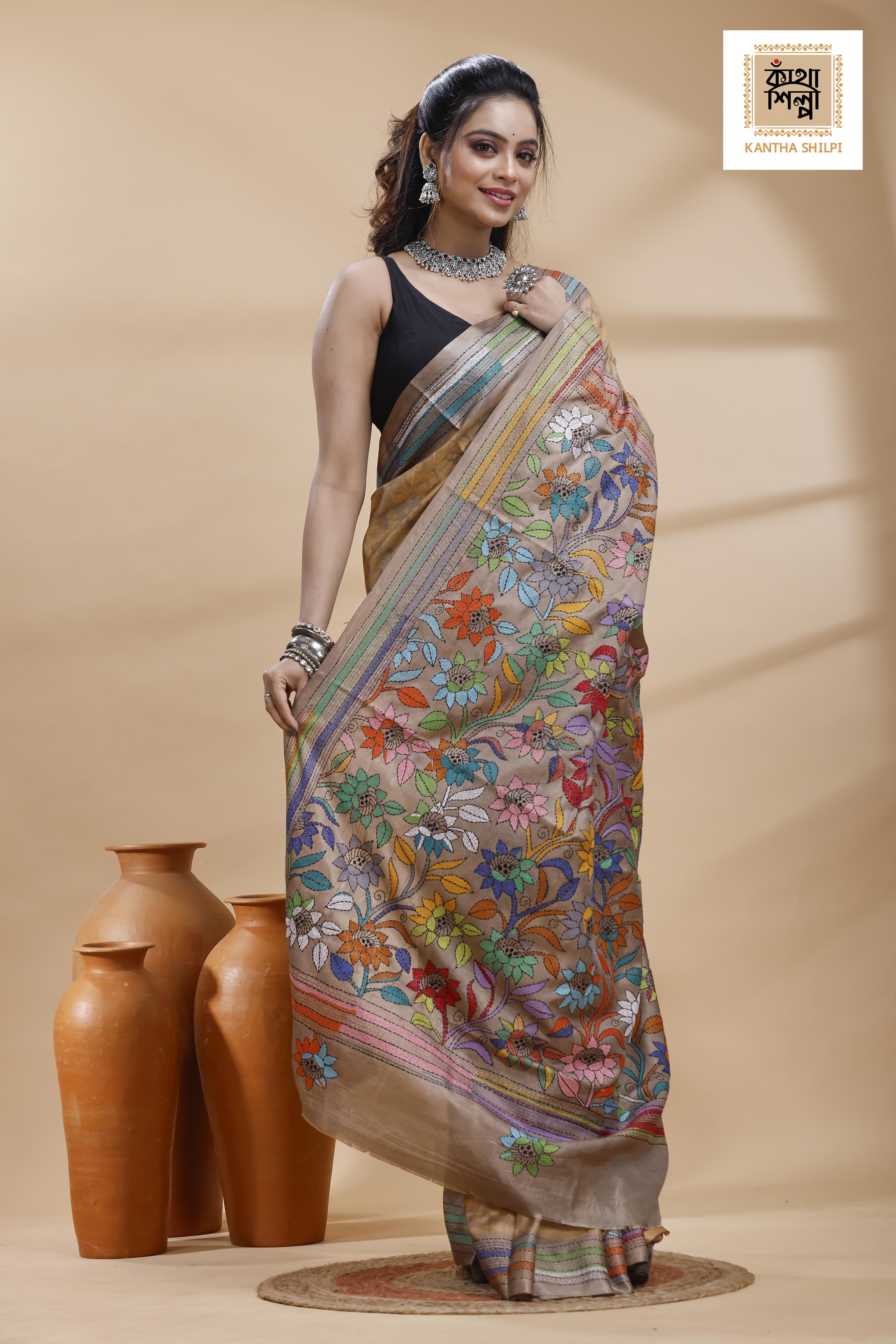 Beige Color Bangalore Silk Multicolor Thread Work Batik Kantha Stitch Saree