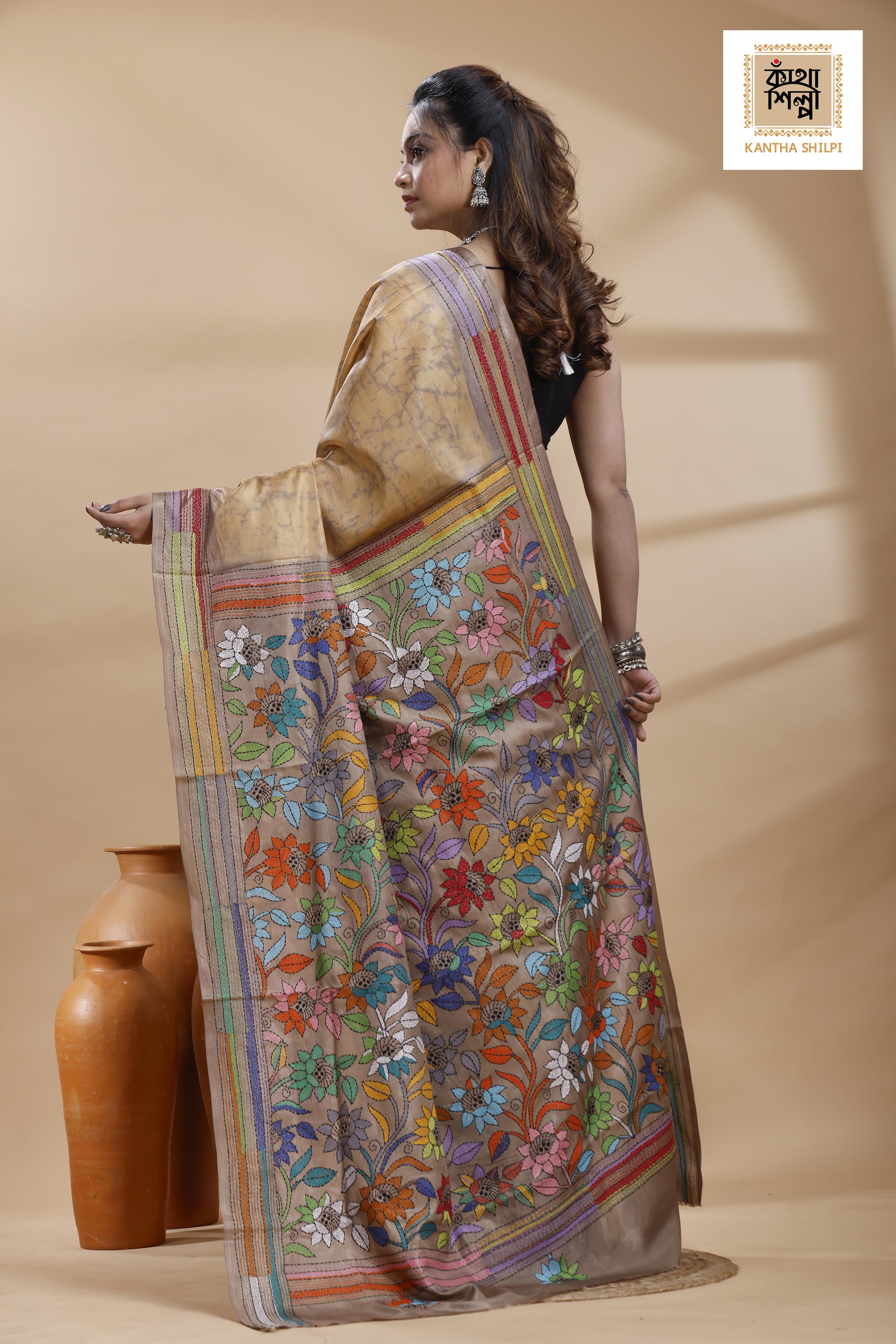 Beige Color Bangalore Silk Multicolor Thread Work Batik Kantha Stitch Saree