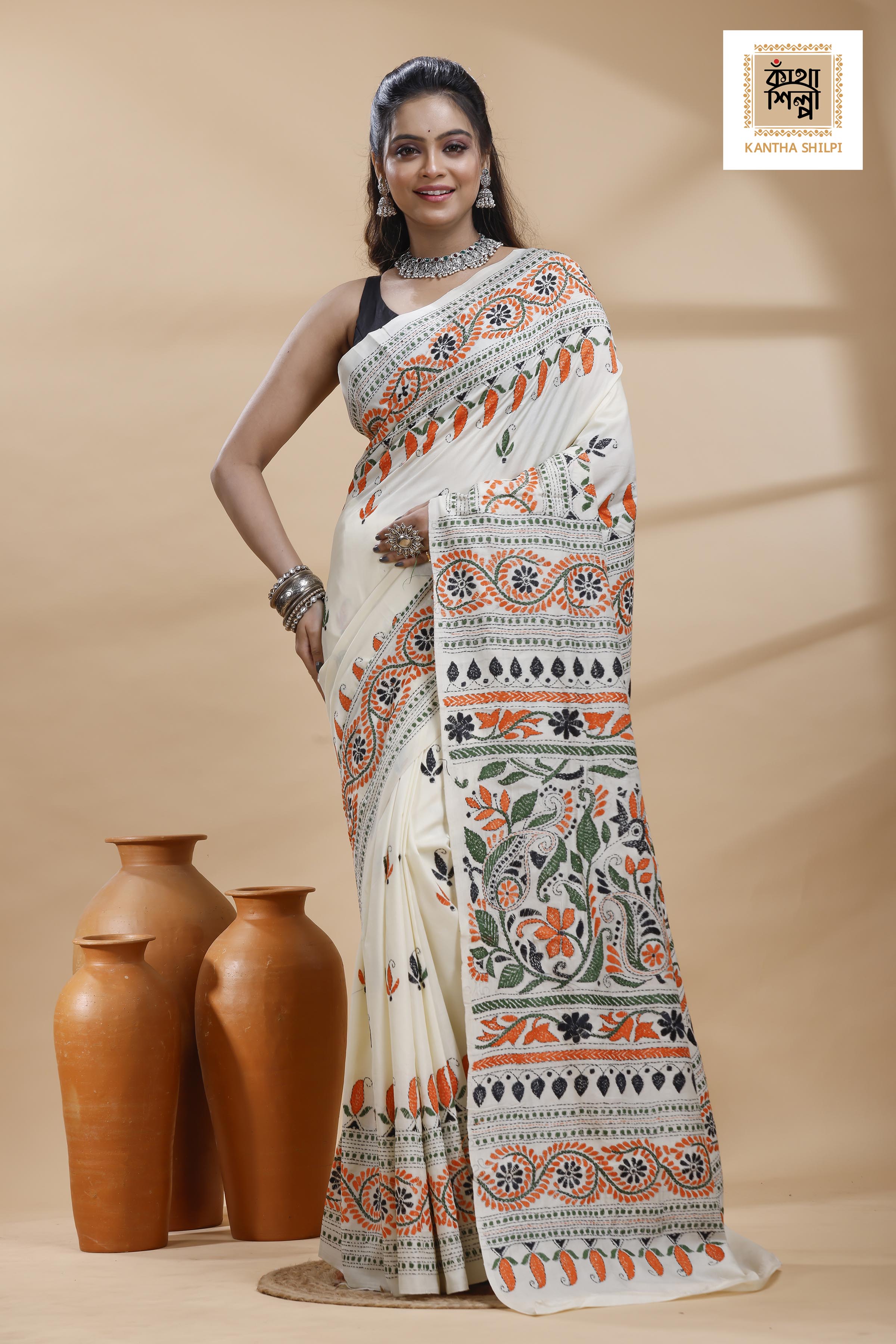 Tussar Multicolor Thread Work Flower Motif Kantha Stitch Saree
