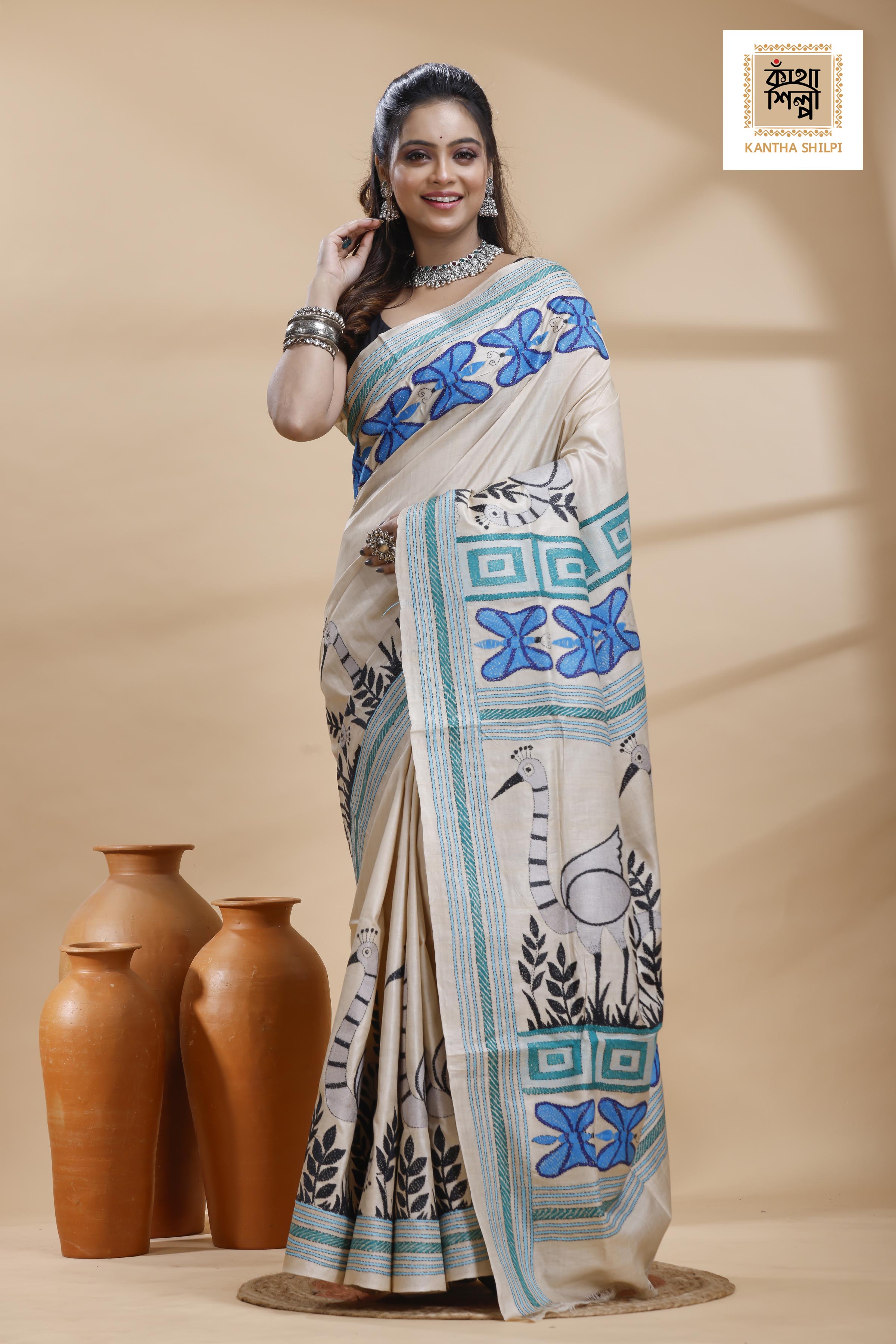Pure Gachi Tussar Multicolor Thread Work Kantha Stitch Saree