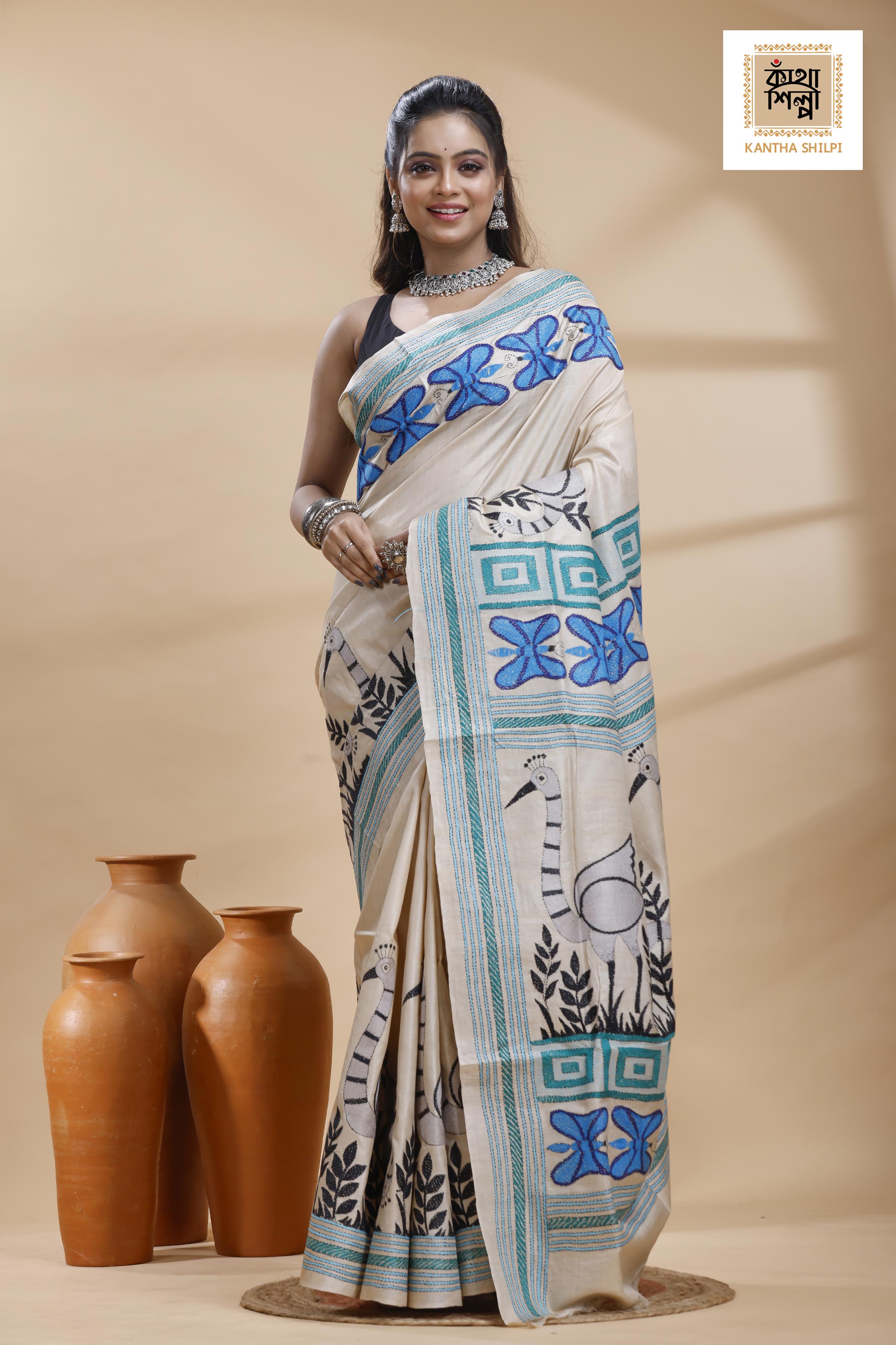 Pure Gachi Tussar Multicolor Thread Work Kantha Stitch Saree