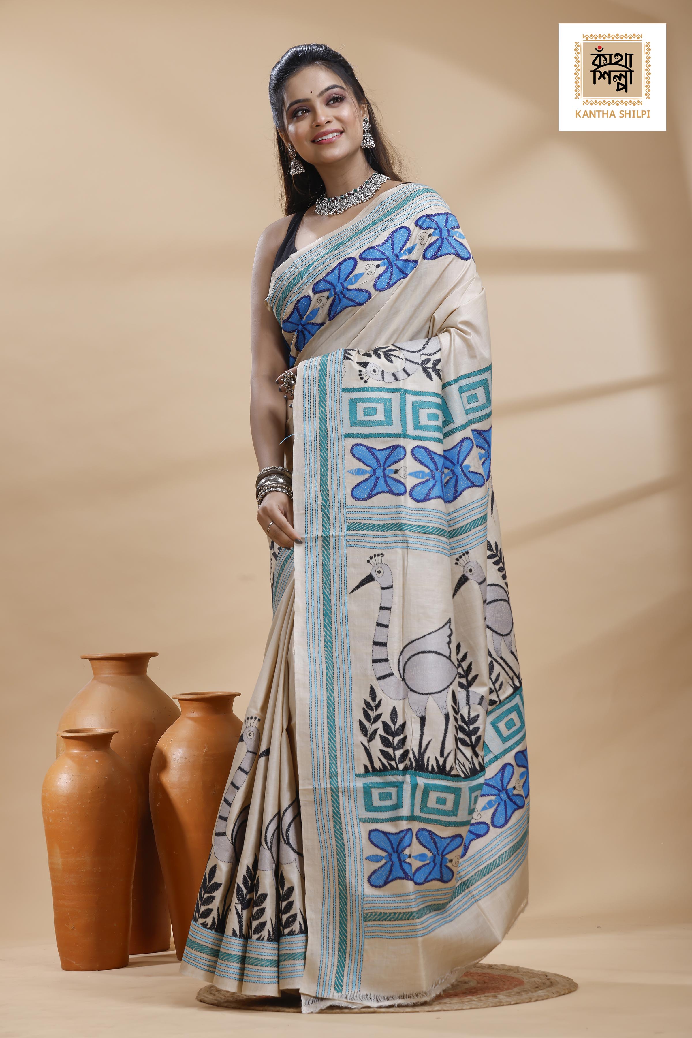 Pure Gachi Tussar Multicolor Thread Work Kantha Stitch Saree