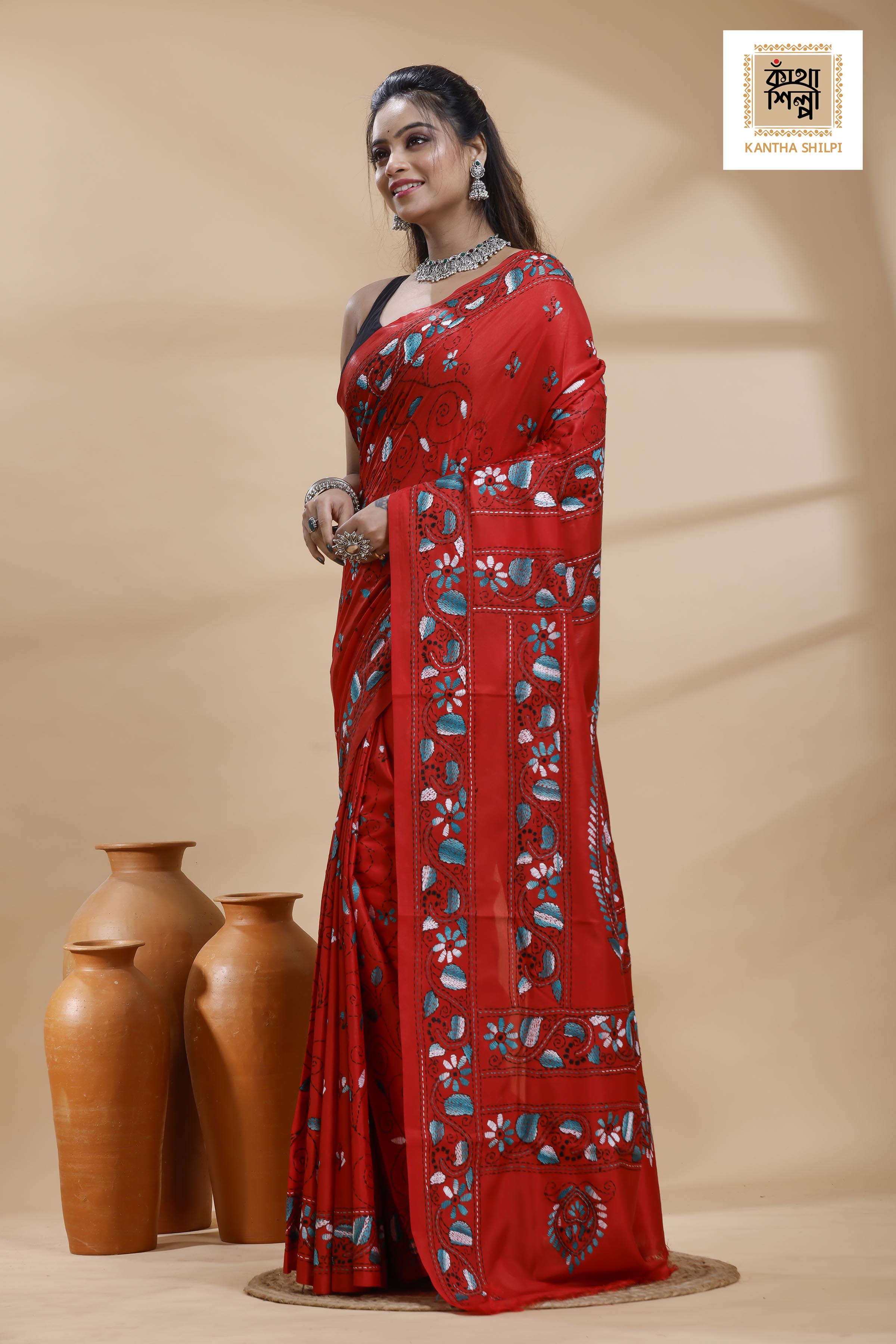 Red Color Bangalore Silk Multicolor Thread Work Kantha Stitch Saree