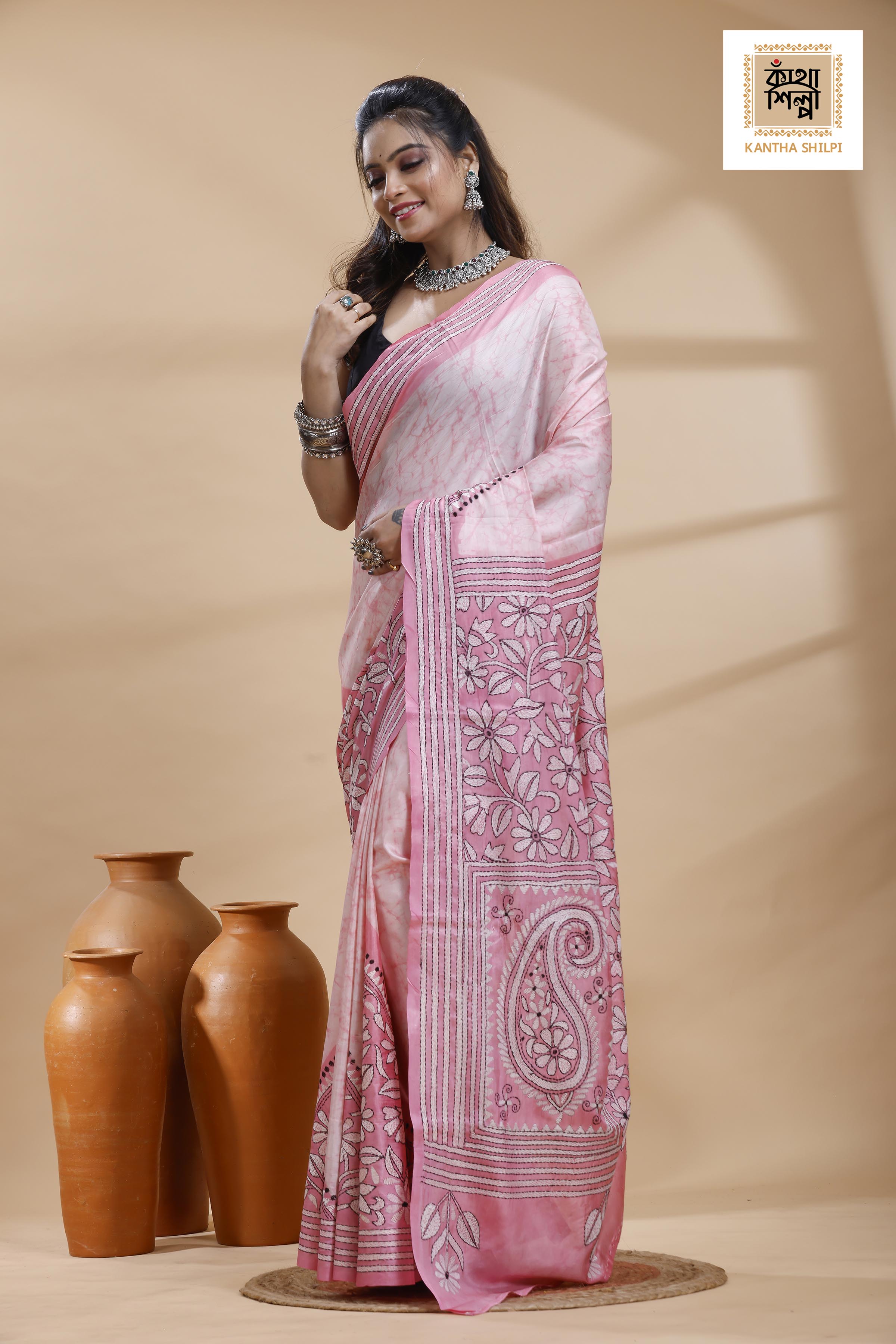 Pink Color Bangalore Silk Black White Color Thread Work Batik Kantha Stitch Saree
