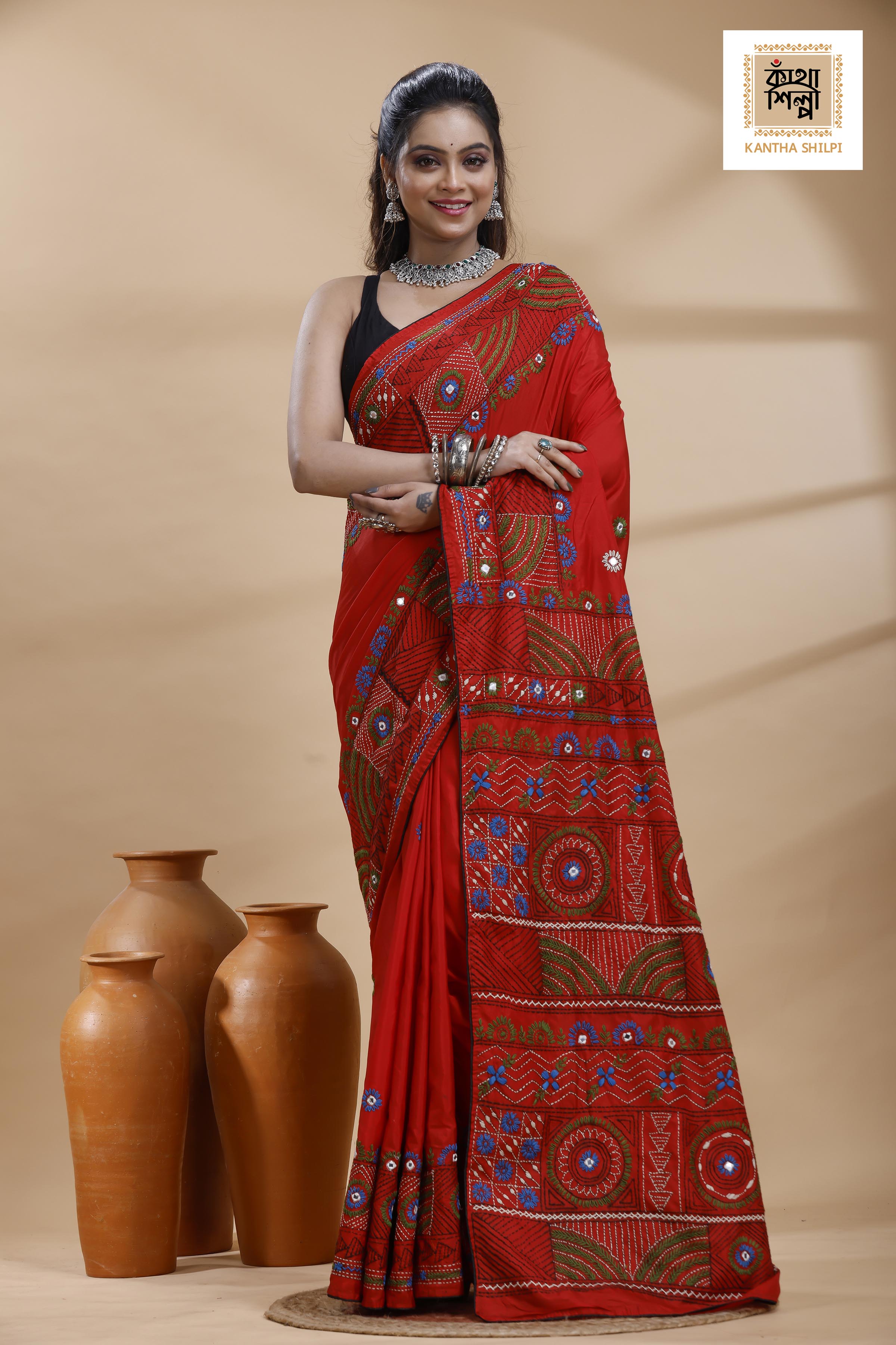Red Color Bangalore Silk Multicolor Thread Work Lambani Stitch Saree