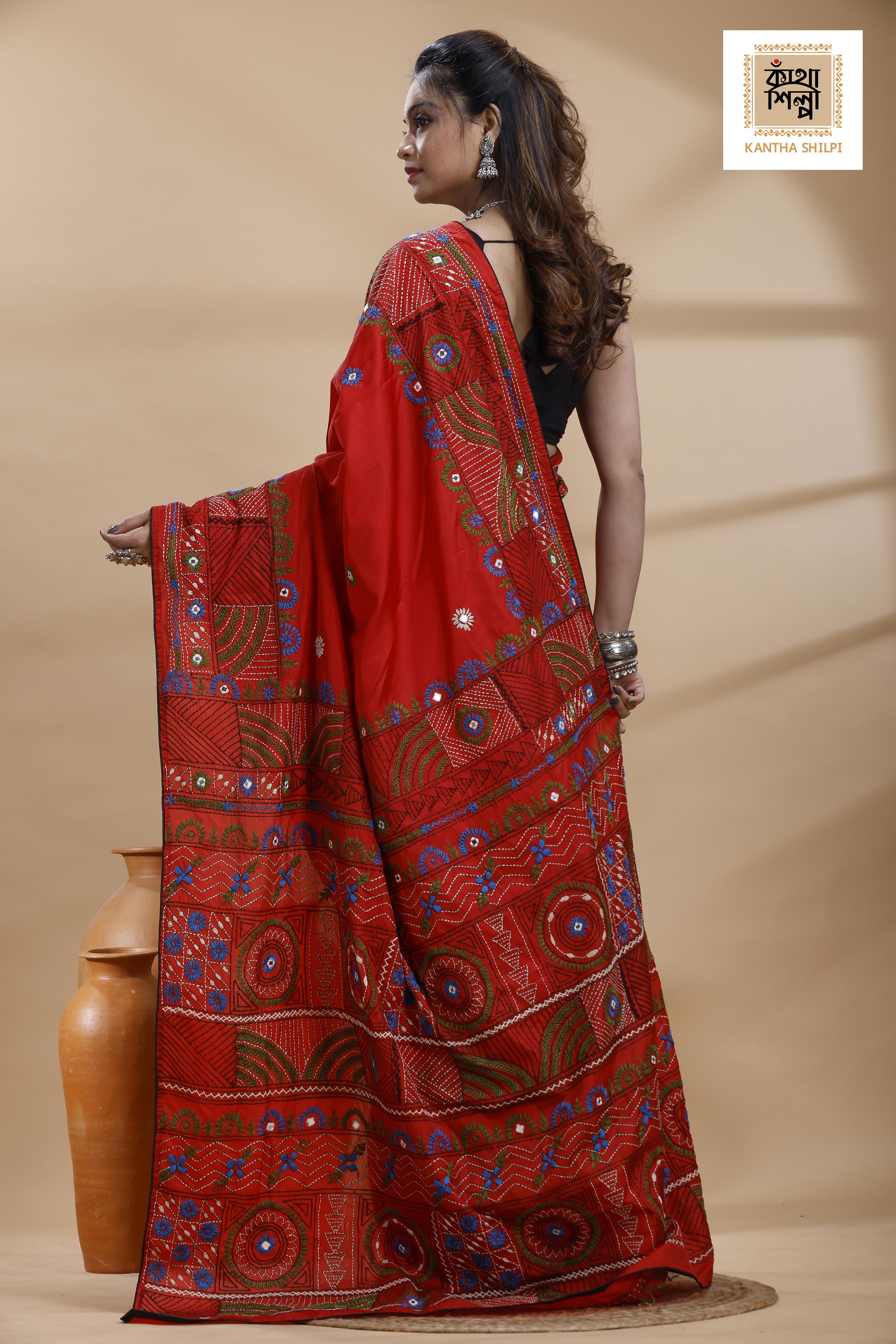 Red Color Bangalore Silk Multicolor Thread Work Lambani Stitch Saree