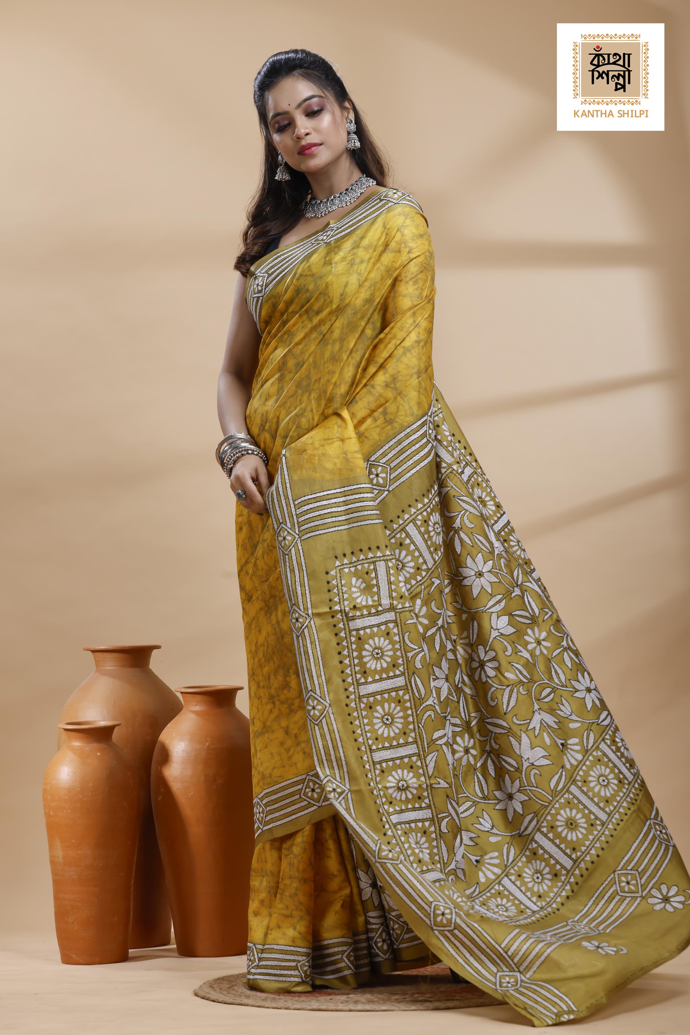 Yellow Color Bangalore Silk Black-White Color Thread Work Batik Kantha Stitch Saree