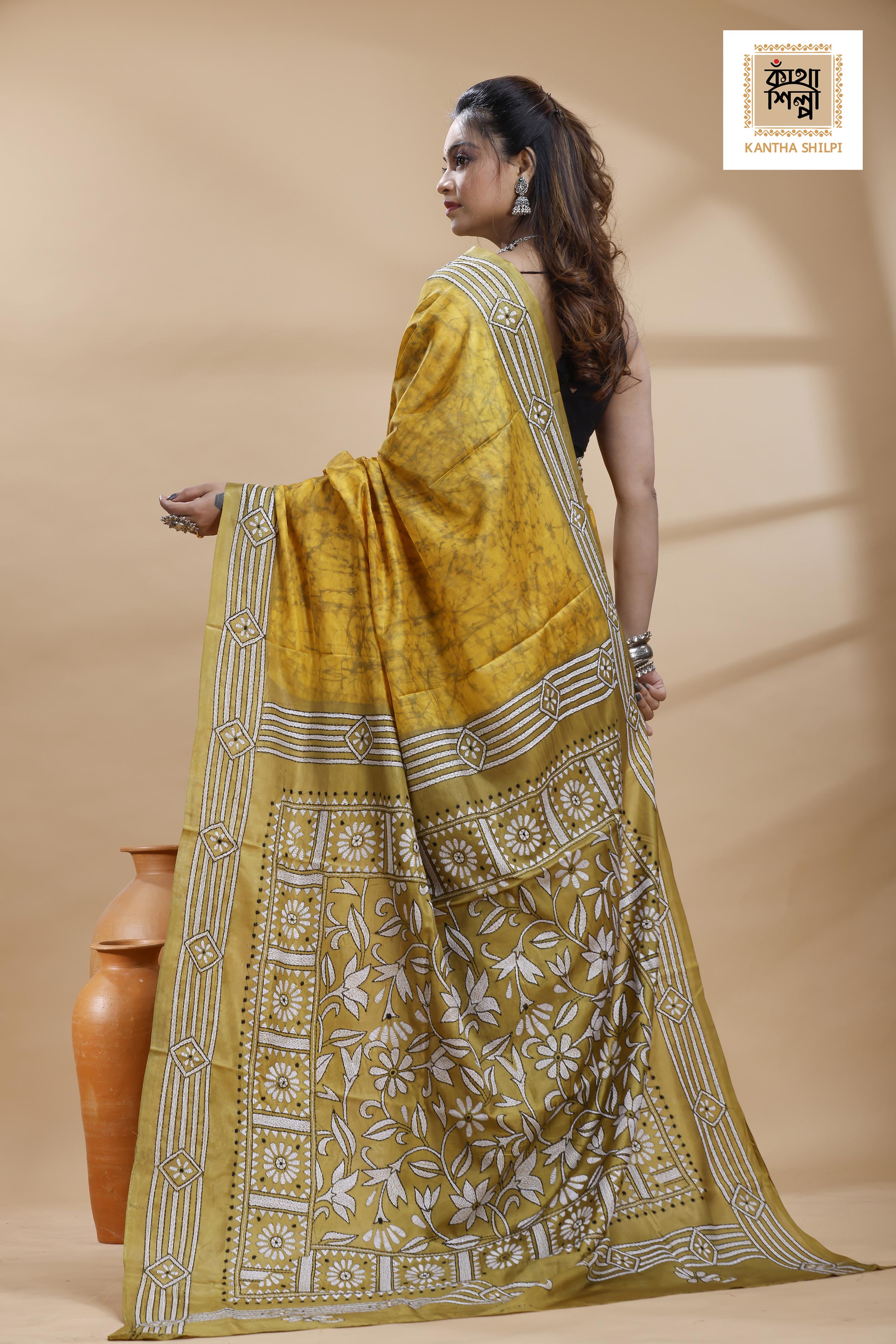Yellow Color Bangalore Silk Black-White Color Thread Work Batik Kantha Stitch Saree