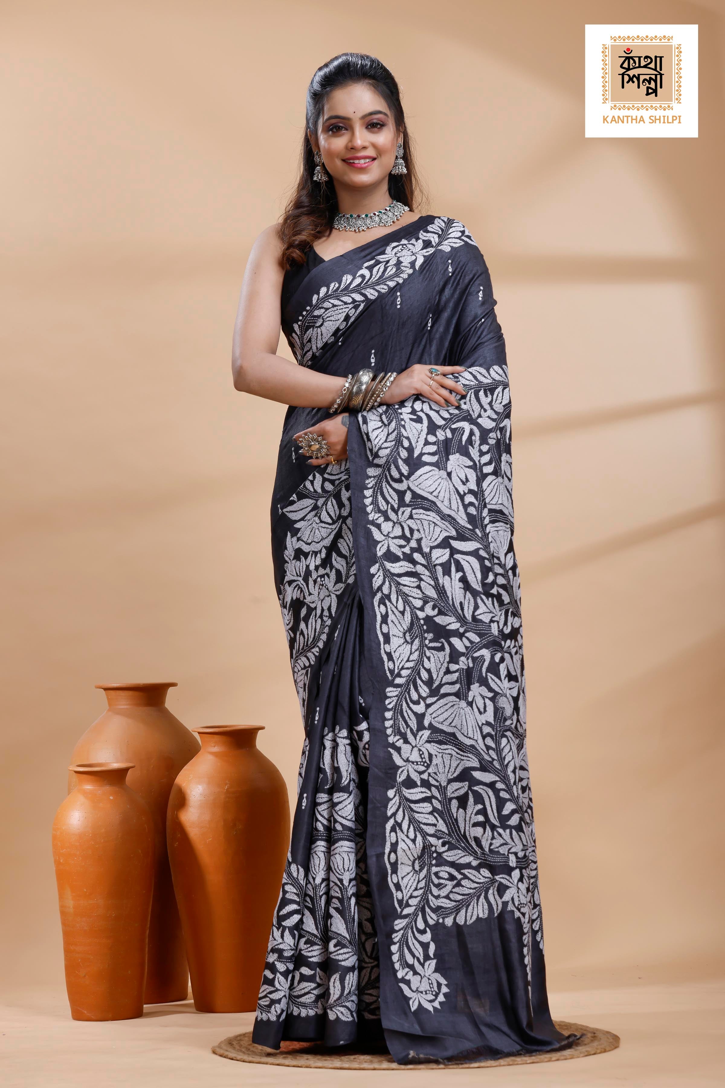 Pure Gachi Black Dye Tussar White Color Thread Work Lotus Motif Kantha Stitch Saree