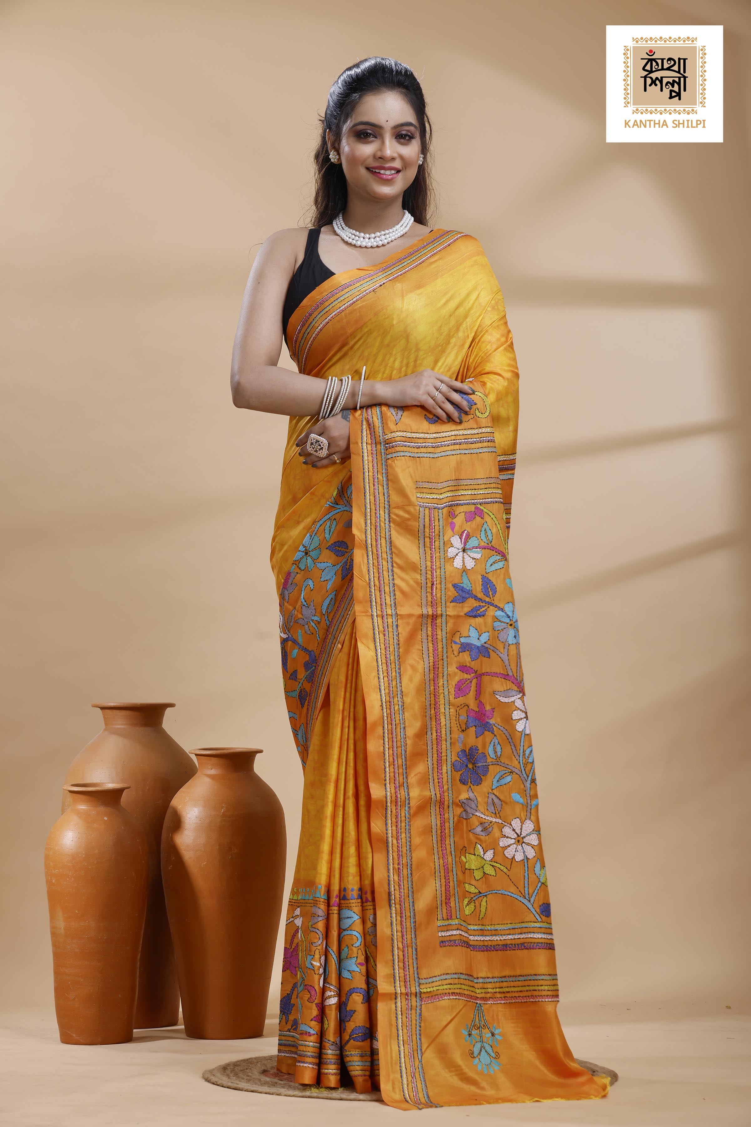 Yellow Color Bangalore Silk Multicolor Thread Work Batik Kantha Stitch Saree