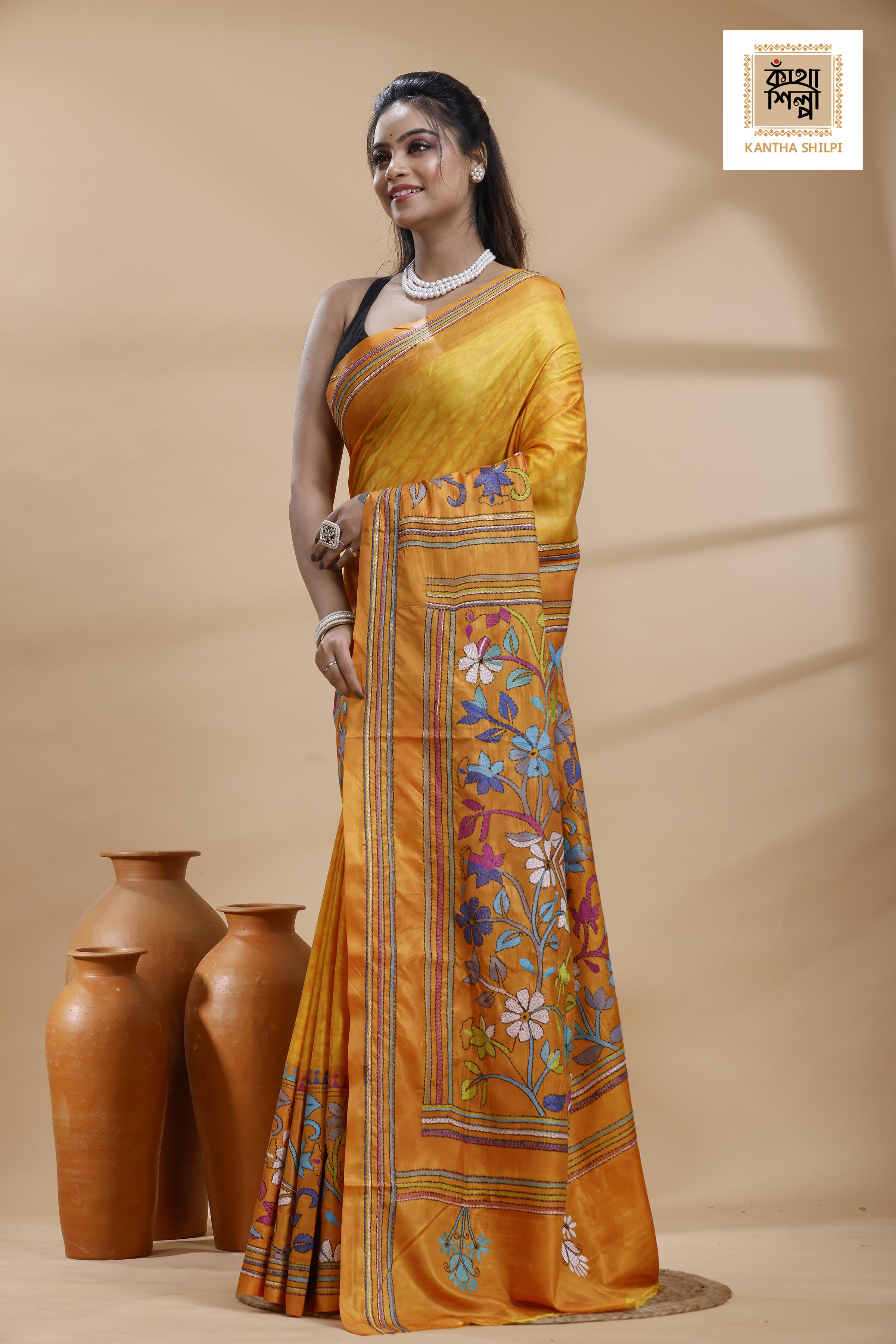 Yellow Color Bangalore Silk Multicolor Thread Work Batik Kantha Stitch Saree