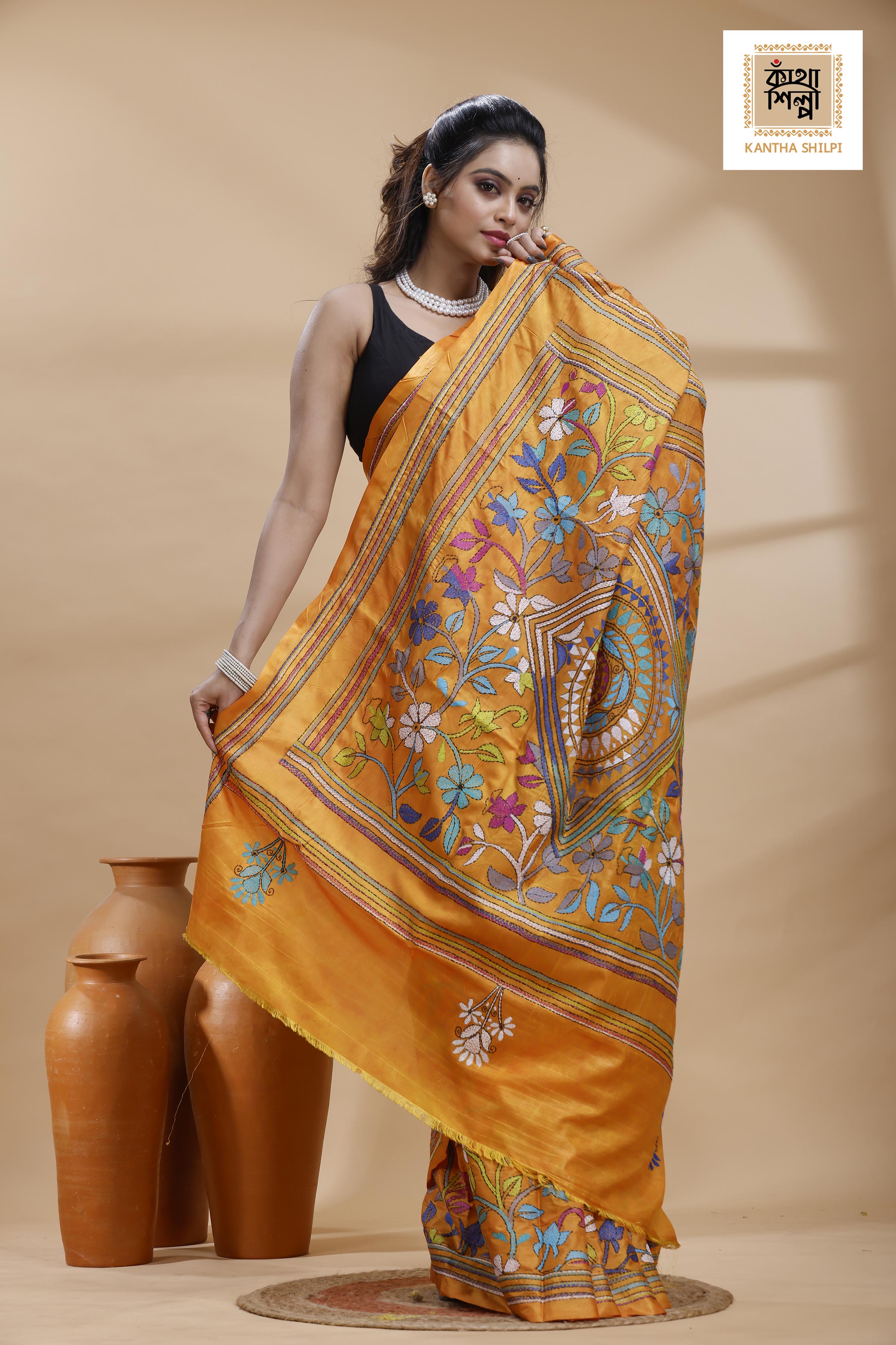 Yellow Color Bangalore Silk Multicolor Thread Work Batik Kantha Stitch Saree