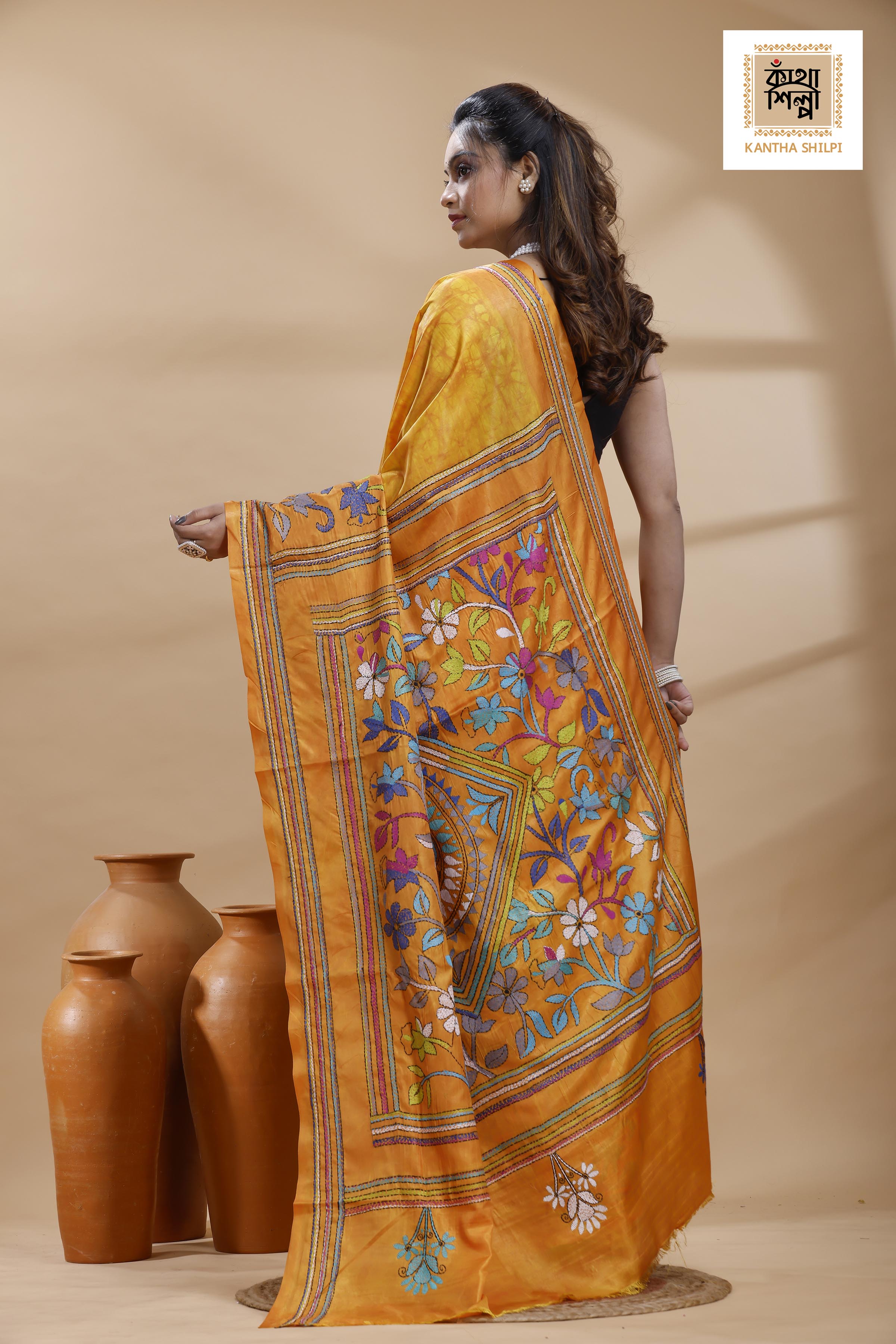 Yellow Color Bangalore Silk Multicolor Thread Work Batik Kantha Stitch Saree