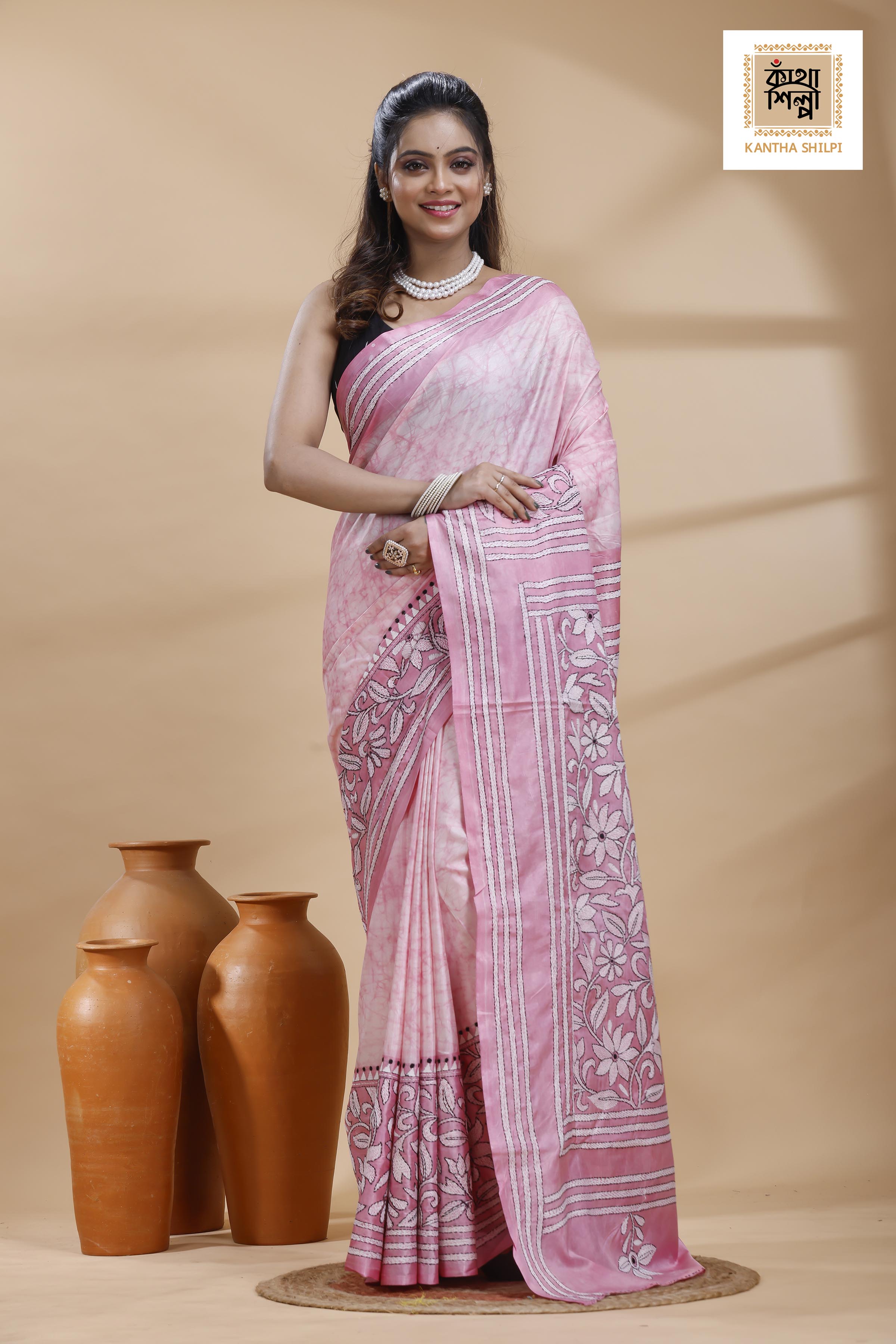 Pink Color Bangalore Silk Black-White Color Thread Work Batik Kantha Stitch Saree