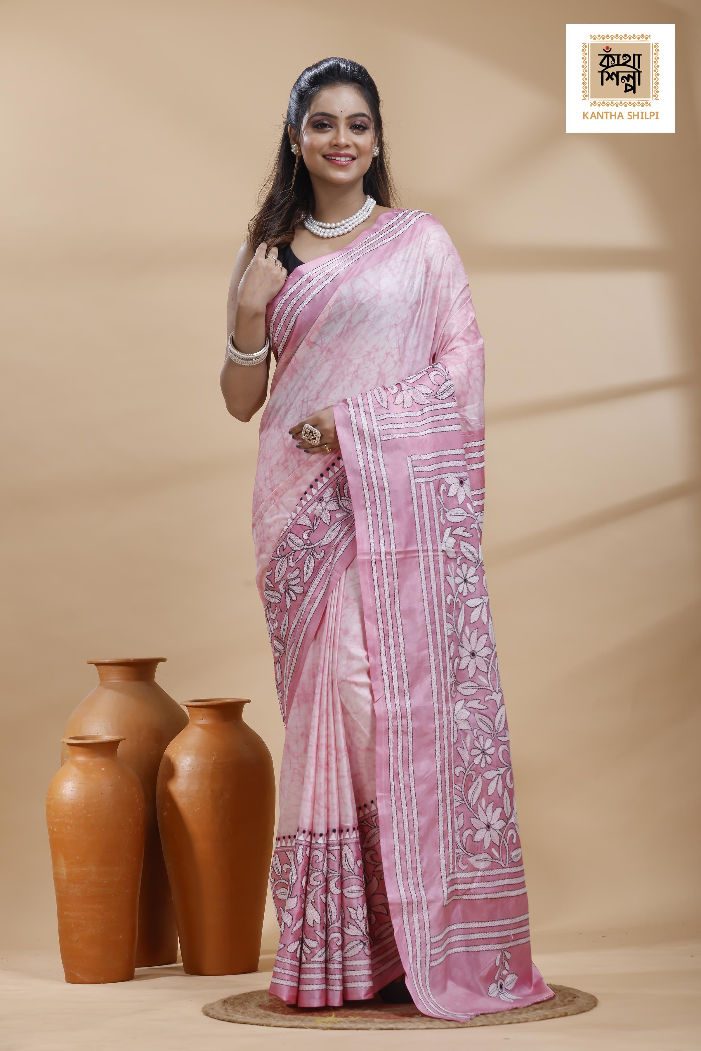 Pink Color Bangalore Silk Black-White Color Thread Work Batik Kantha Stitch Saree