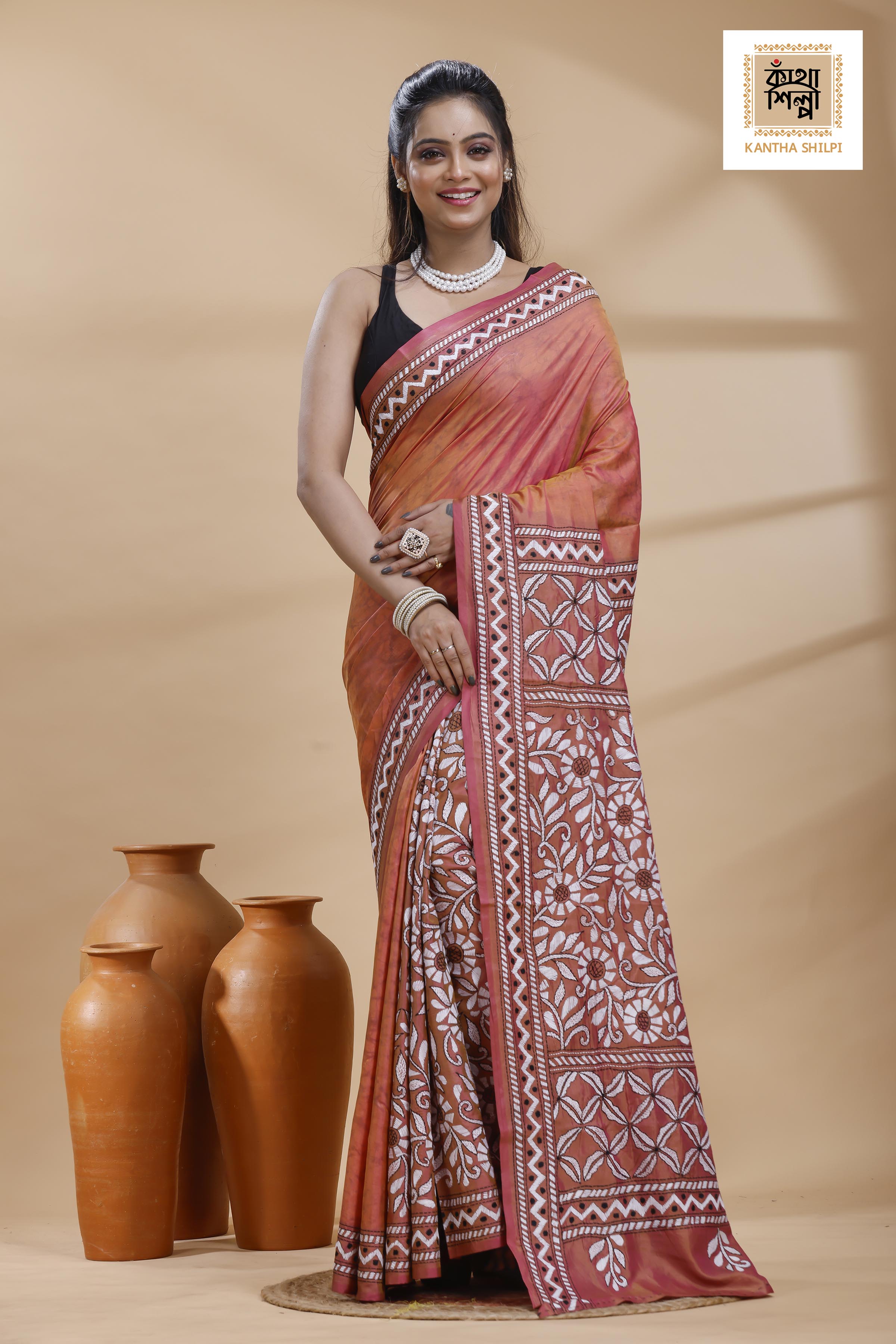 Rust Color Bangalore Silk Black-White Color Thread Work Batik Kantha Stitch Saree
