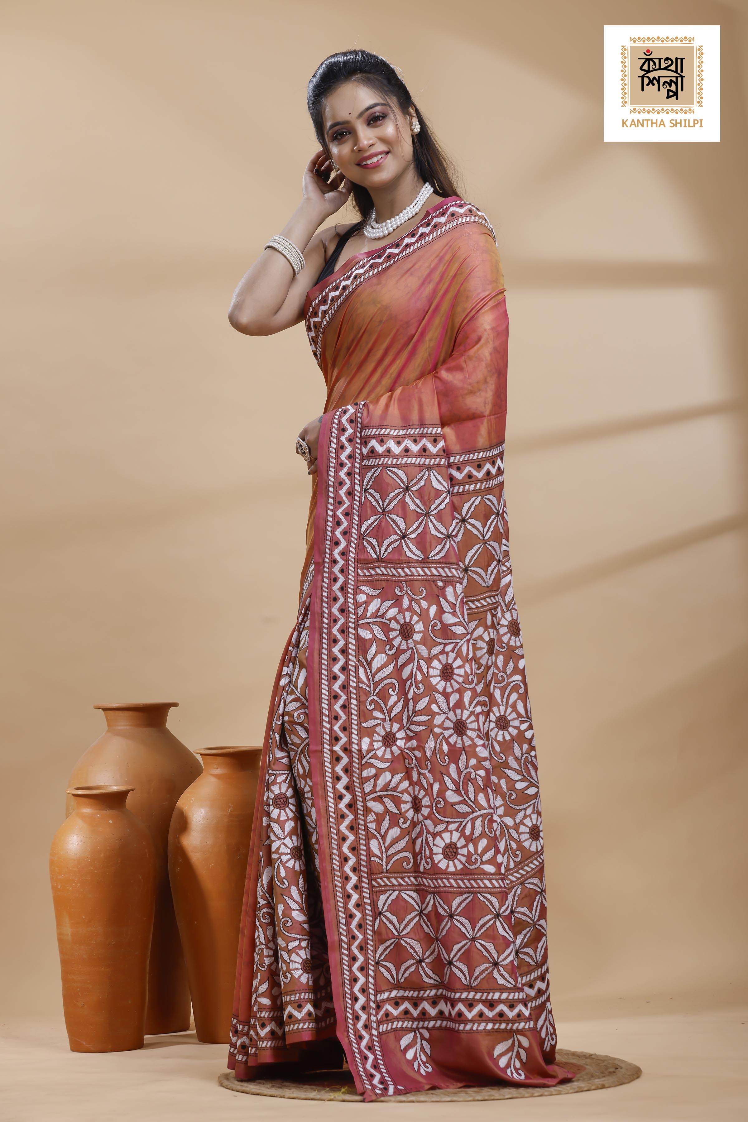 Rust Color Bangalore Silk Black-White Color Thread Work Batik Kantha Stitch Saree