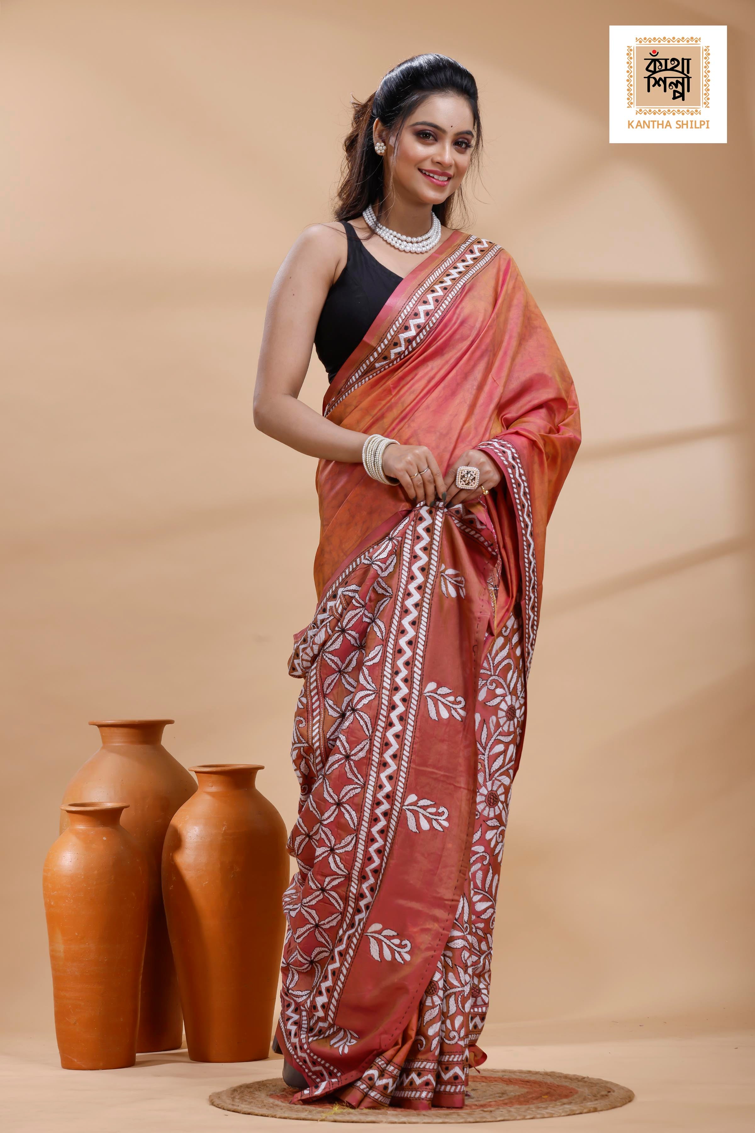 Rust Color Bangalore Silk Black-White Color Thread Work Batik Kantha Stitch Saree